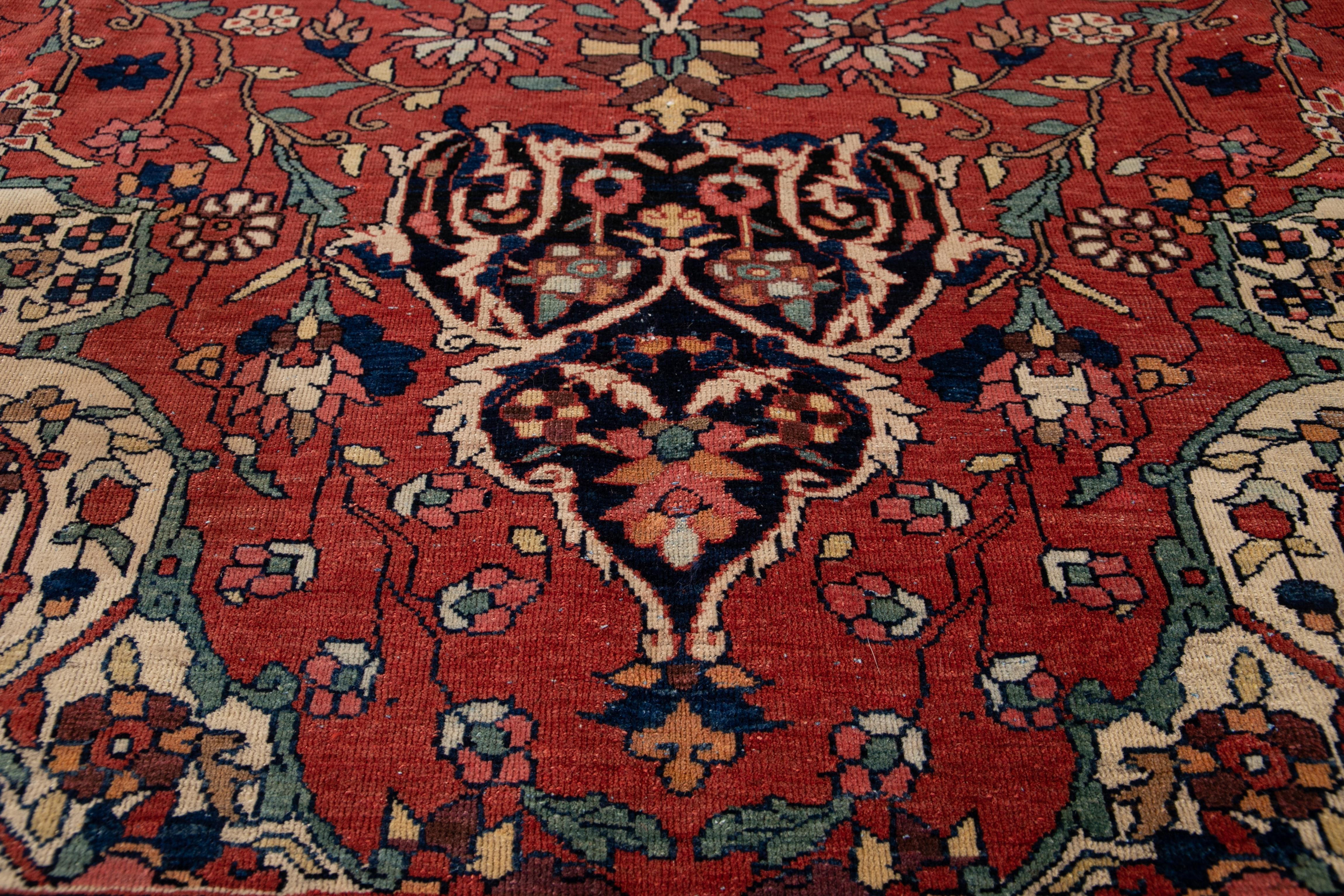 Hand-Knotted Antique Red Sarouk Farahan Persian Room Size Wool Rug With Medallion Motif For Sale