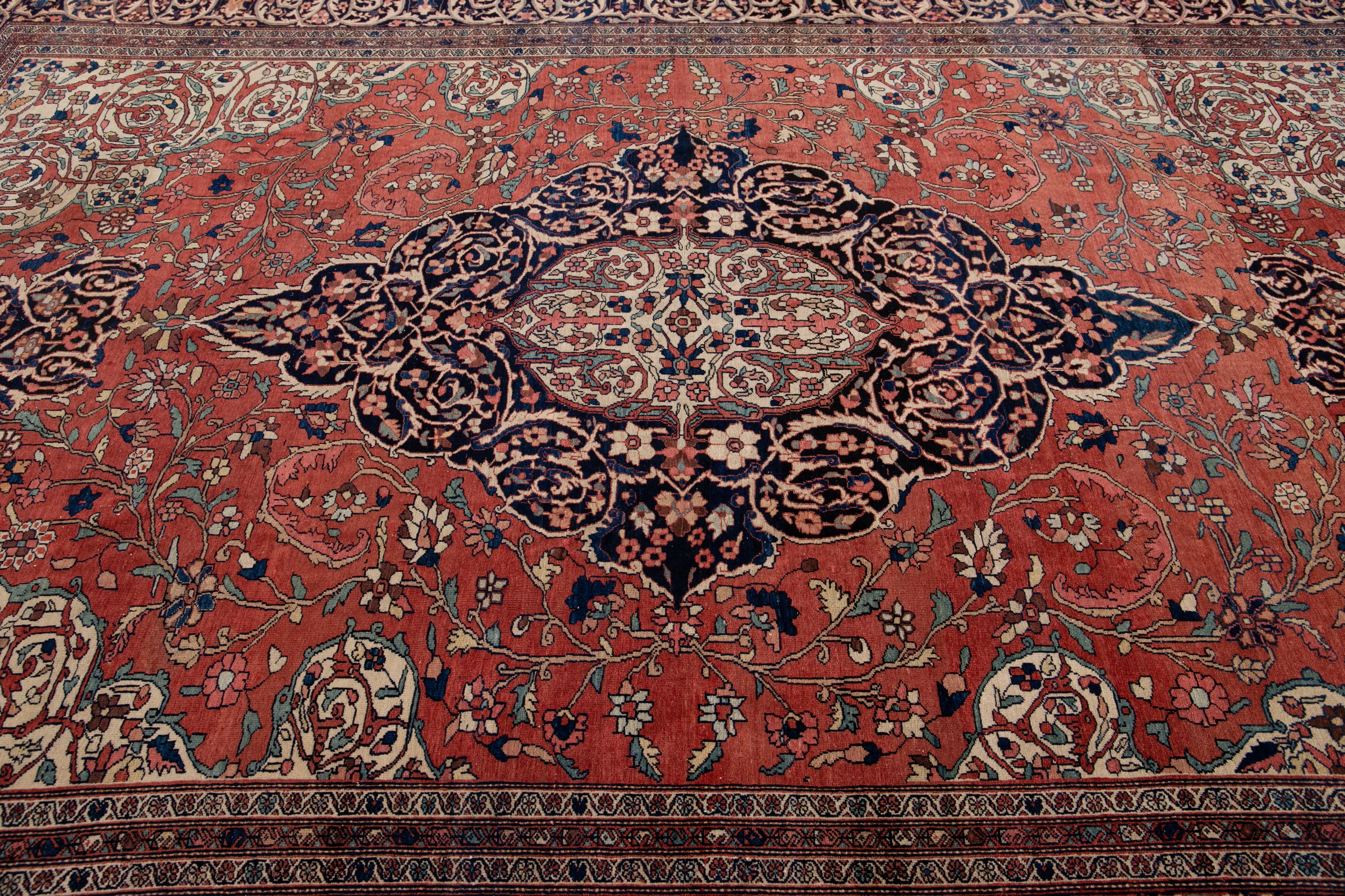 Antique Red Sarouk Farahan Persian Room Size Wool Rug With Medallion Motif For Sale 3