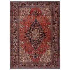 Antique Red Sarouk Farahan Persian Room Size Wool Rug With Medallion Motif