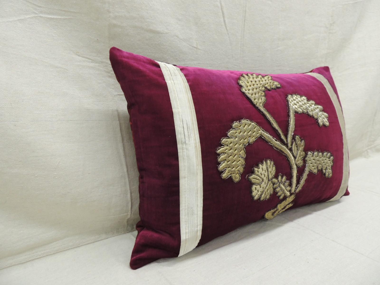 Regency Antique Red Silk Velvet Applique Bolster Decorative Pillow For Sale