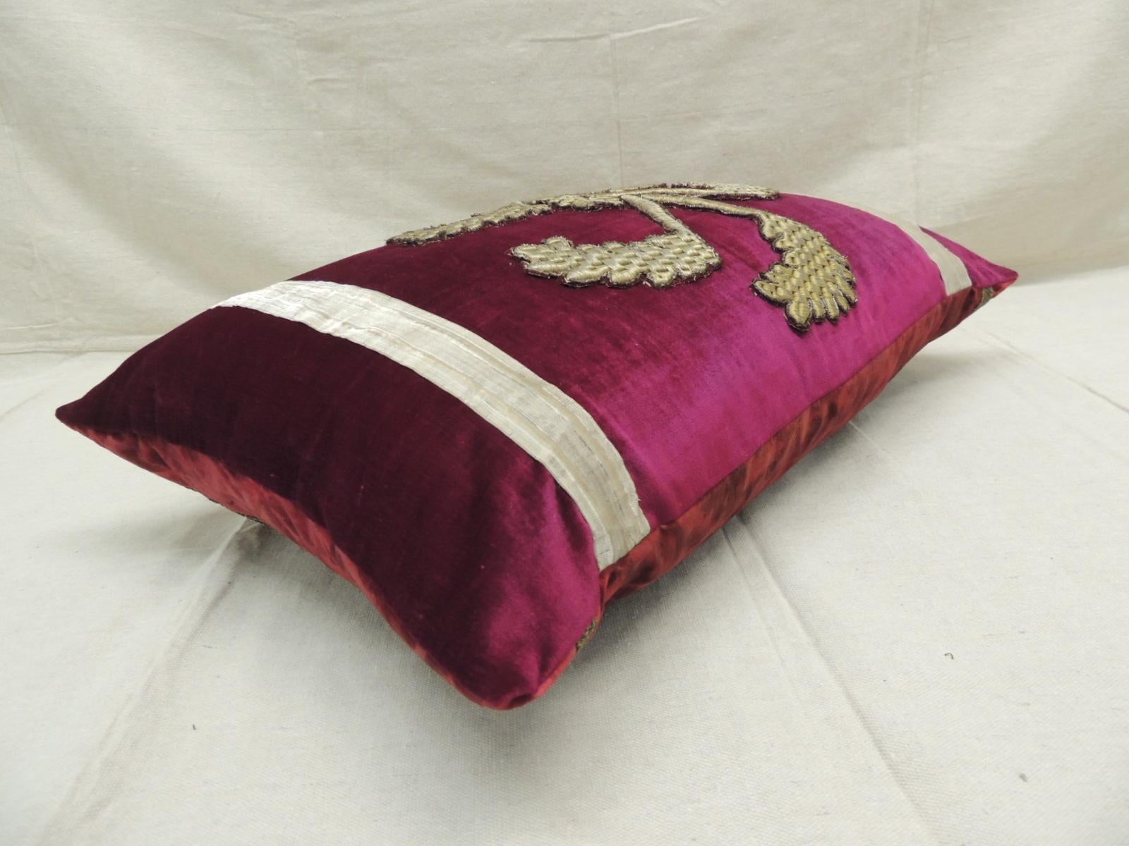 European Antique Red Silk Velvet Applique Bolster Decorative Pillow For Sale