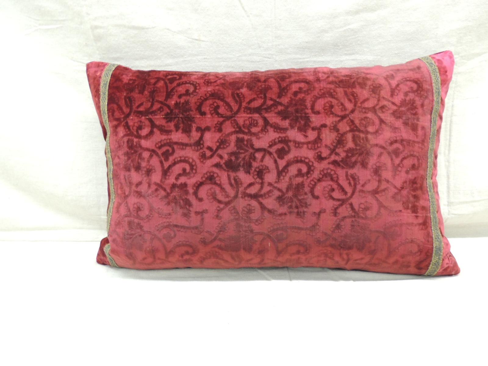Hand-Crafted Antique Red Silk Velvet Applique Bolster Decorative Pillow For Sale