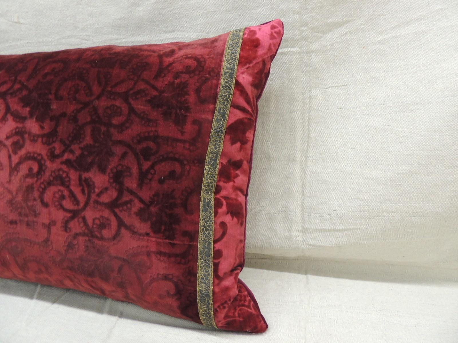 Antique Red Silk Velvet Applique Bolster Decorative Pillow In Good Condition For Sale In Oakland Park, FL