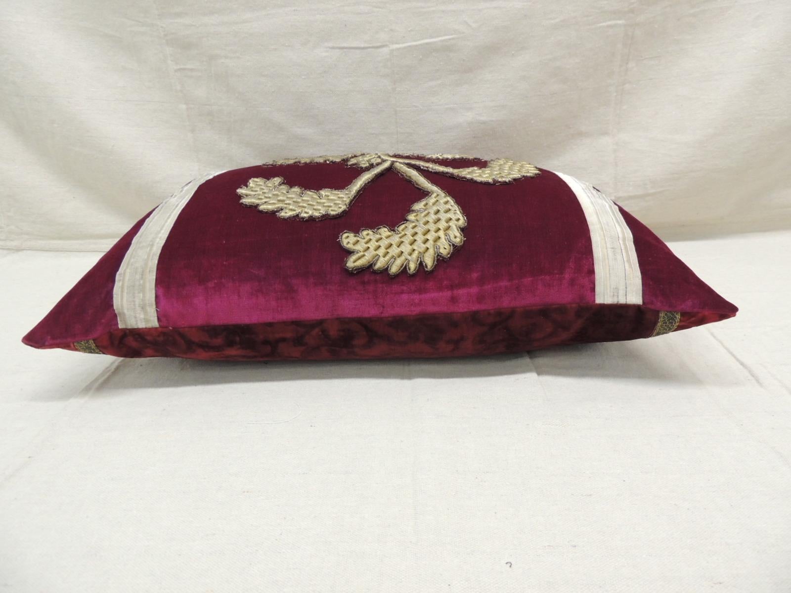 18th Century and Earlier Antique Red Silk Velvet Applique Bolster Decorative Pillow For Sale