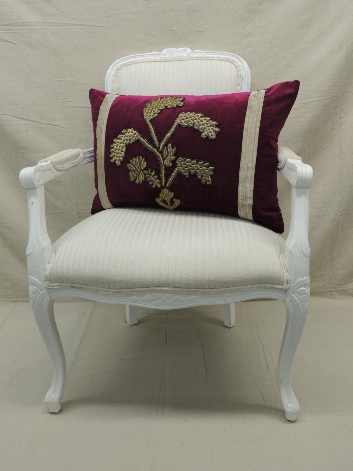 Metallic Thread Antique Red Silk Velvet Applique Bolster Decorative Pillow For Sale