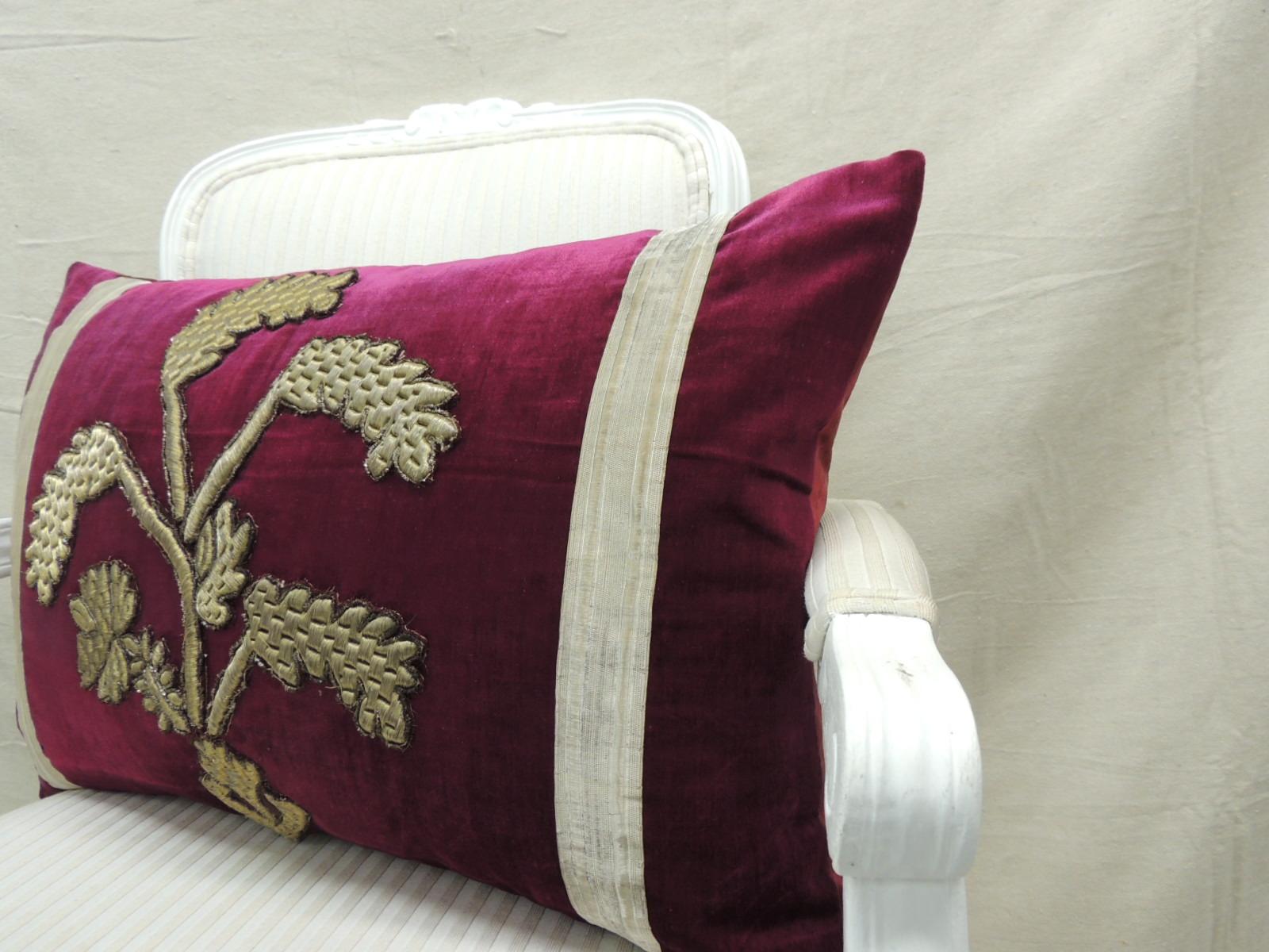Antique Red Silk Velvet Applique Bolster Decorative Pillow For Sale 1