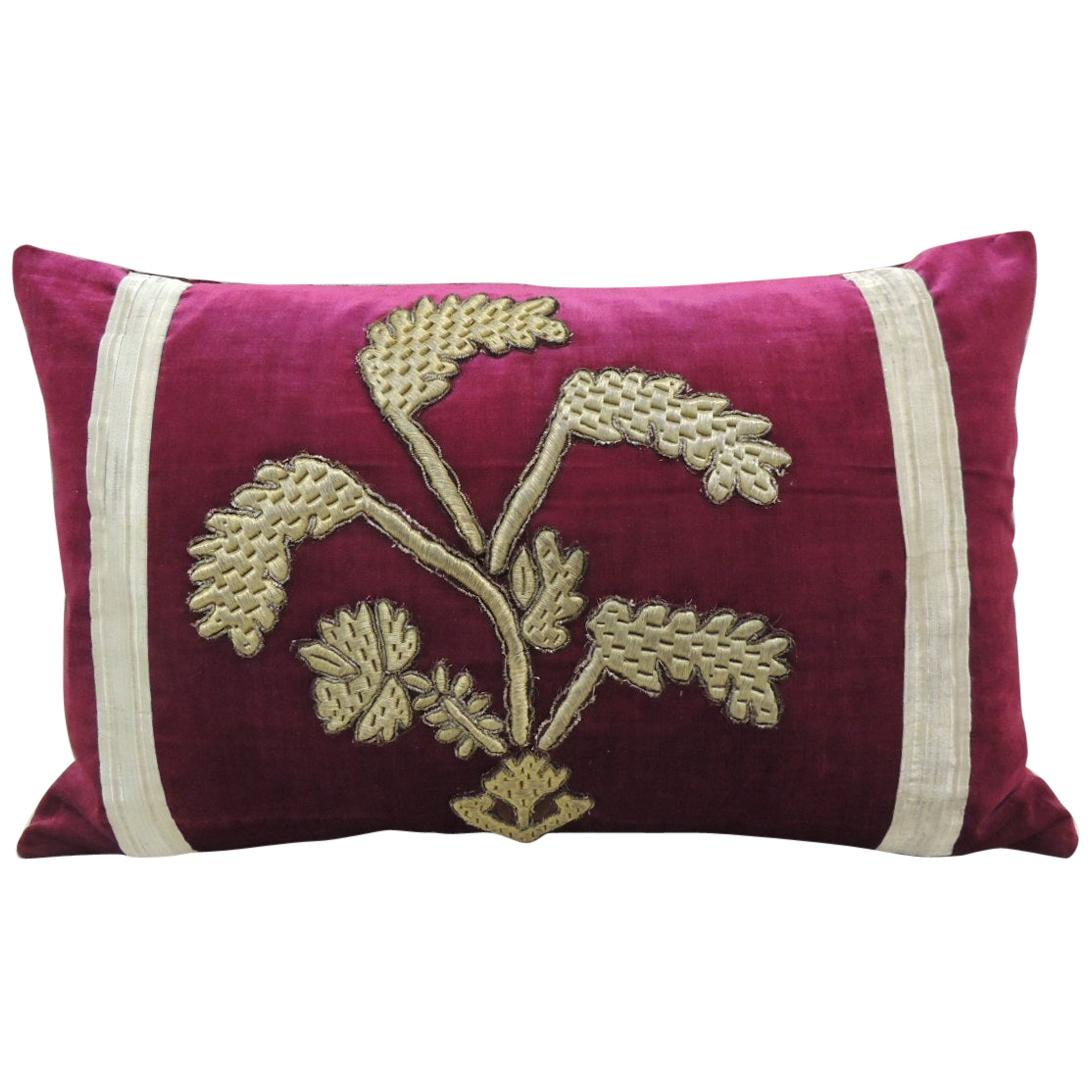 Antique Red Silk Velvet Applique Bolster Decorative Pillow