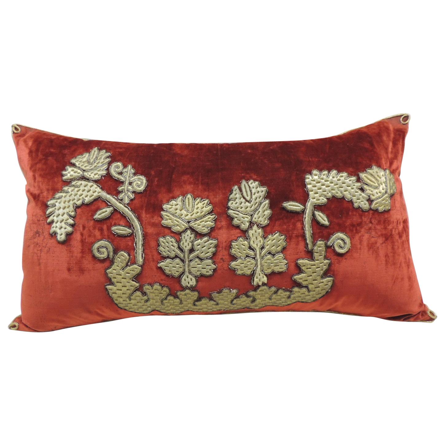 Antique Burnt Orange Silk Velvet Applique Long Bolster Decorative Pillow