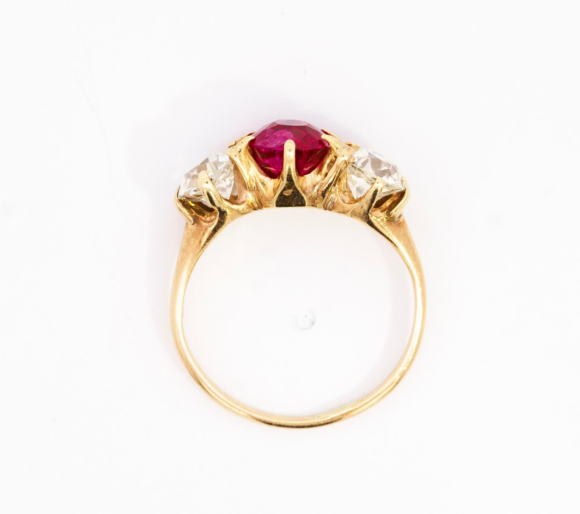 Oval Cut Antique Red Spinel and Old Mine Diamond 14K Yellow Gold Three-Stone Ring For Sale