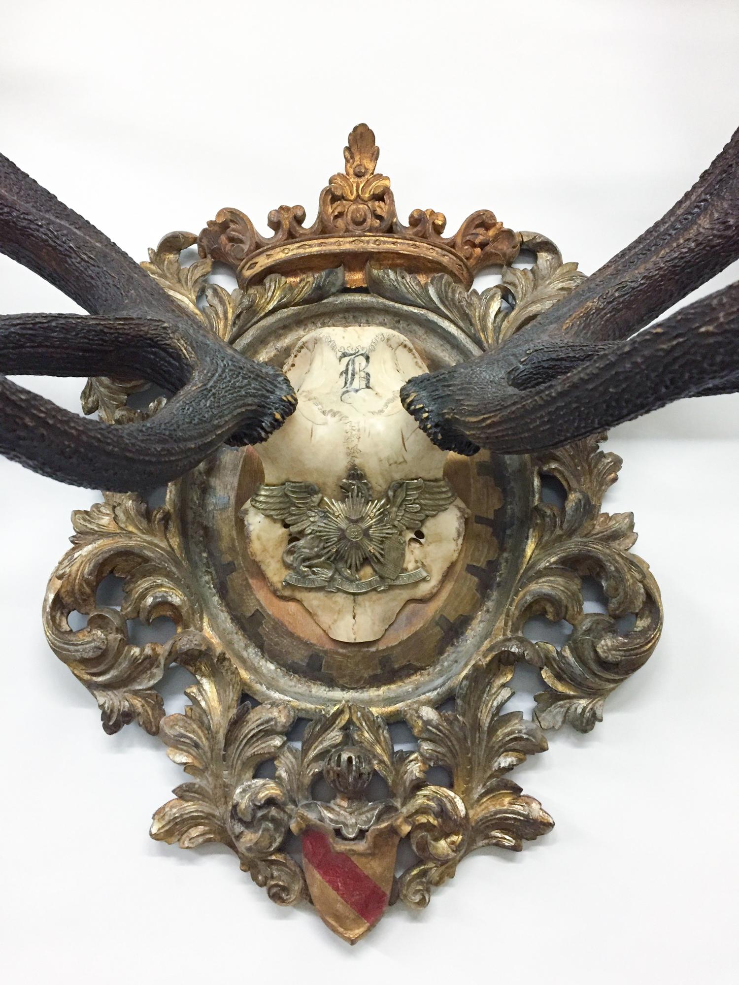 Antique Red Stag Trophy of The Grand Dukes of Baden on Ornate Gilt Plaque In Good Condition In Houston, TX