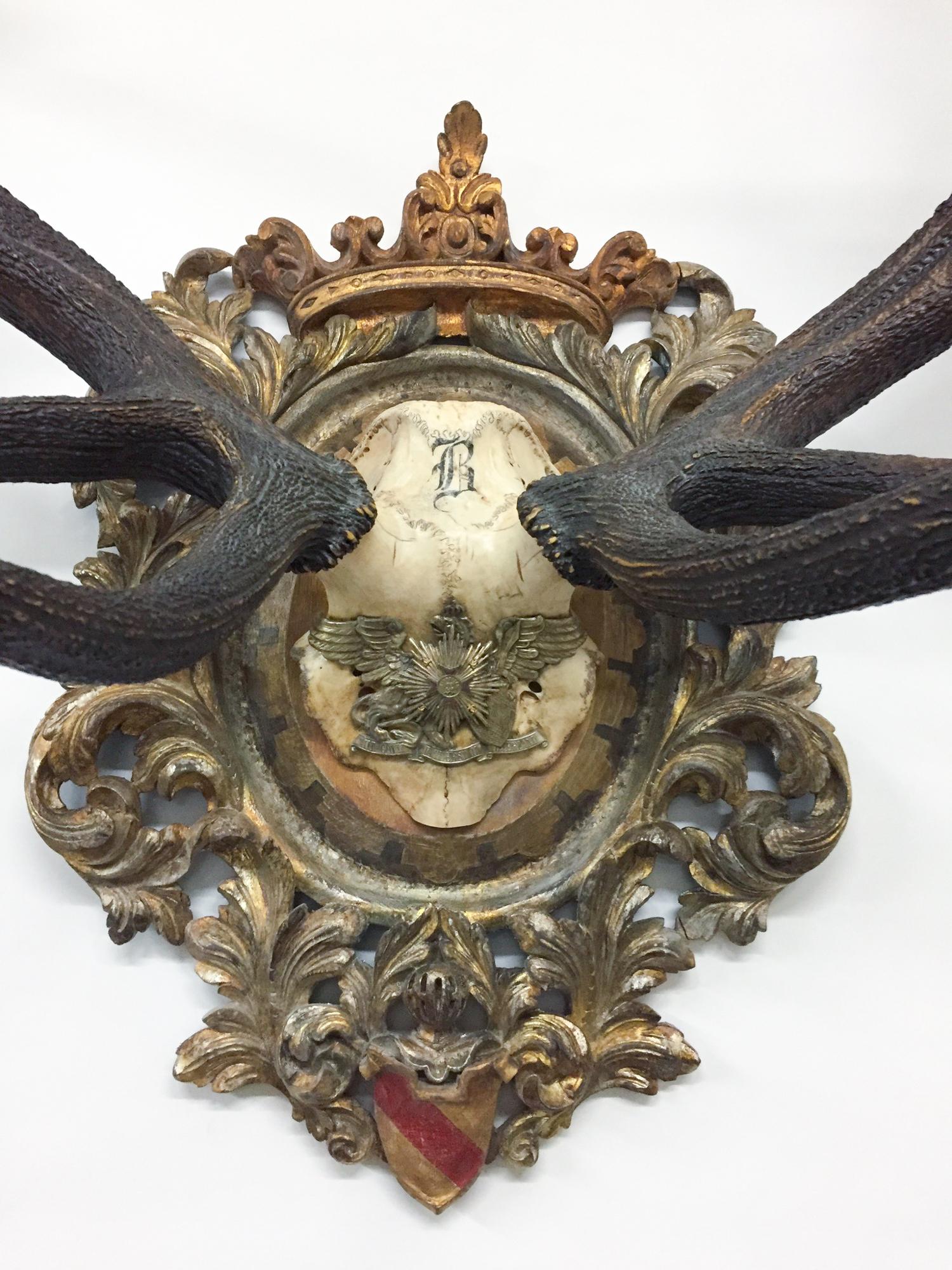 19th Century Antique Red Stag Trophy of The Grand Dukes of Baden on Ornate Gilt Plaque