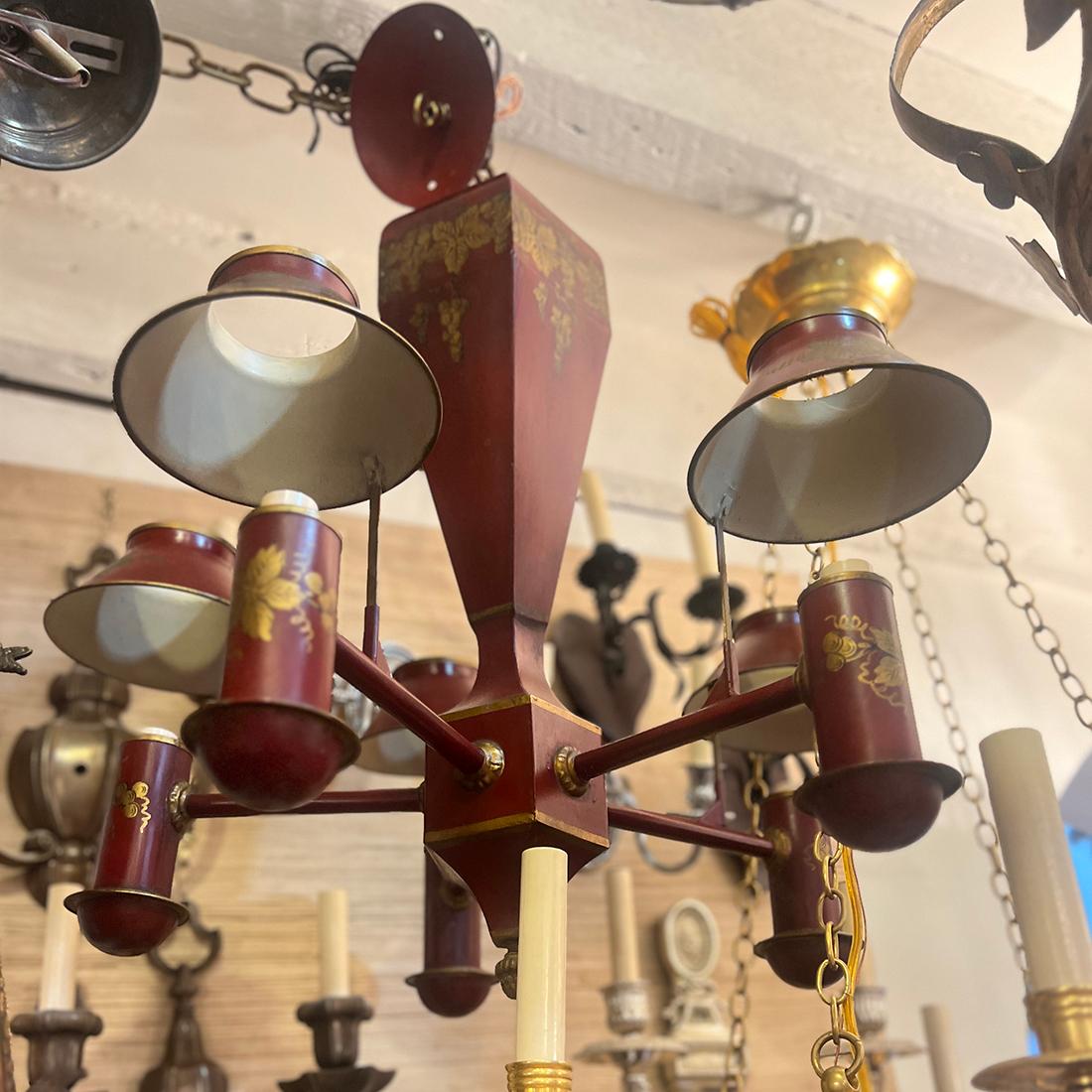 Early 20th Century Antique Red Tole Chandelier For Sale