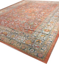 Antique Oushak Rug, Hand-Woven Wool, Persimmon Red, Turkey, 1900 12'2x15'2
