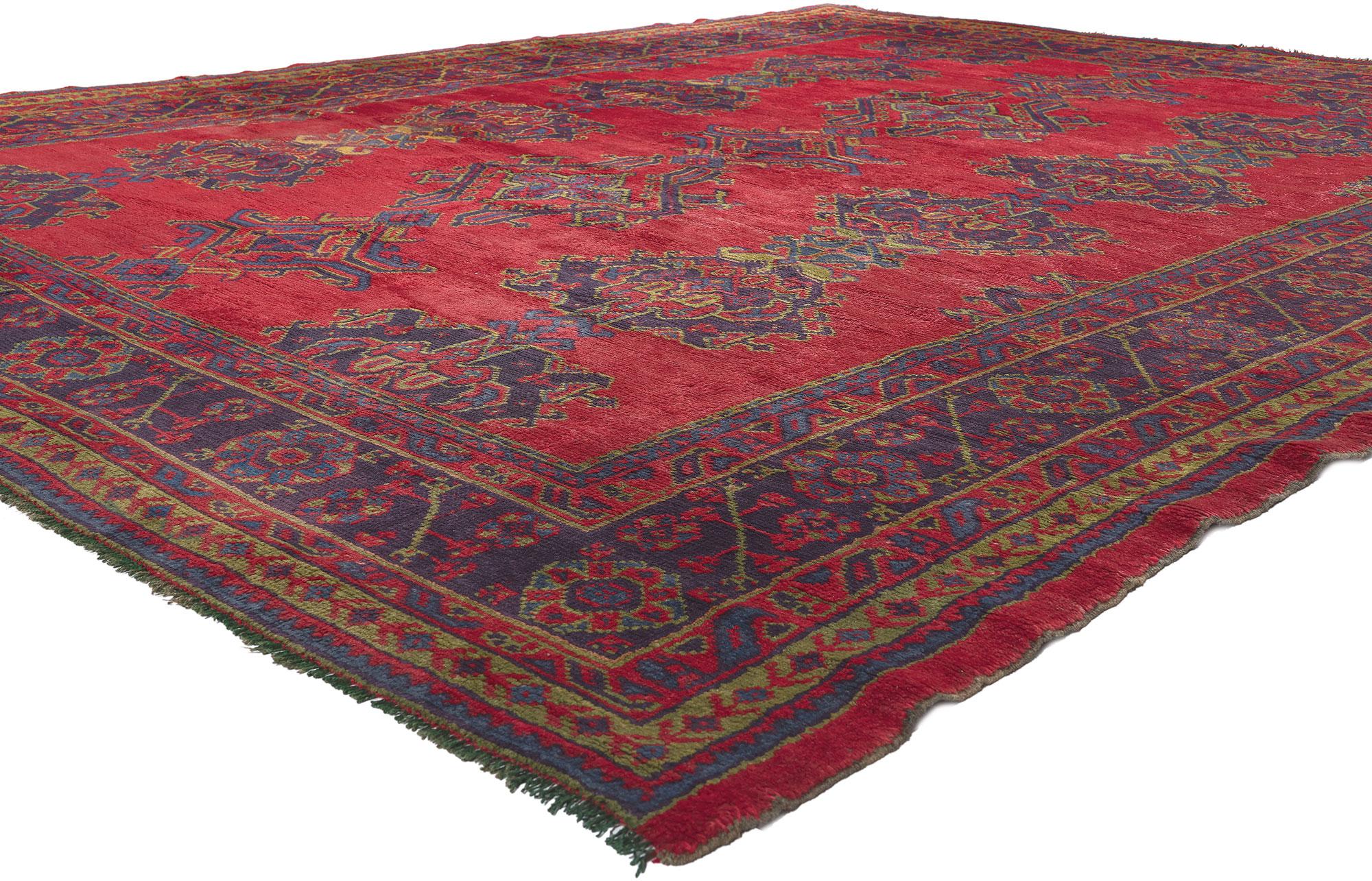 78524 Antique Turkish Oushak Rug, 09'02 x 11'02.
Showcasing a bold expressive design with incredible detail and texture, this hand knotted wool antique red Oushak rug is a captivating vision of woven beauty. The allover pattern and lively colorway