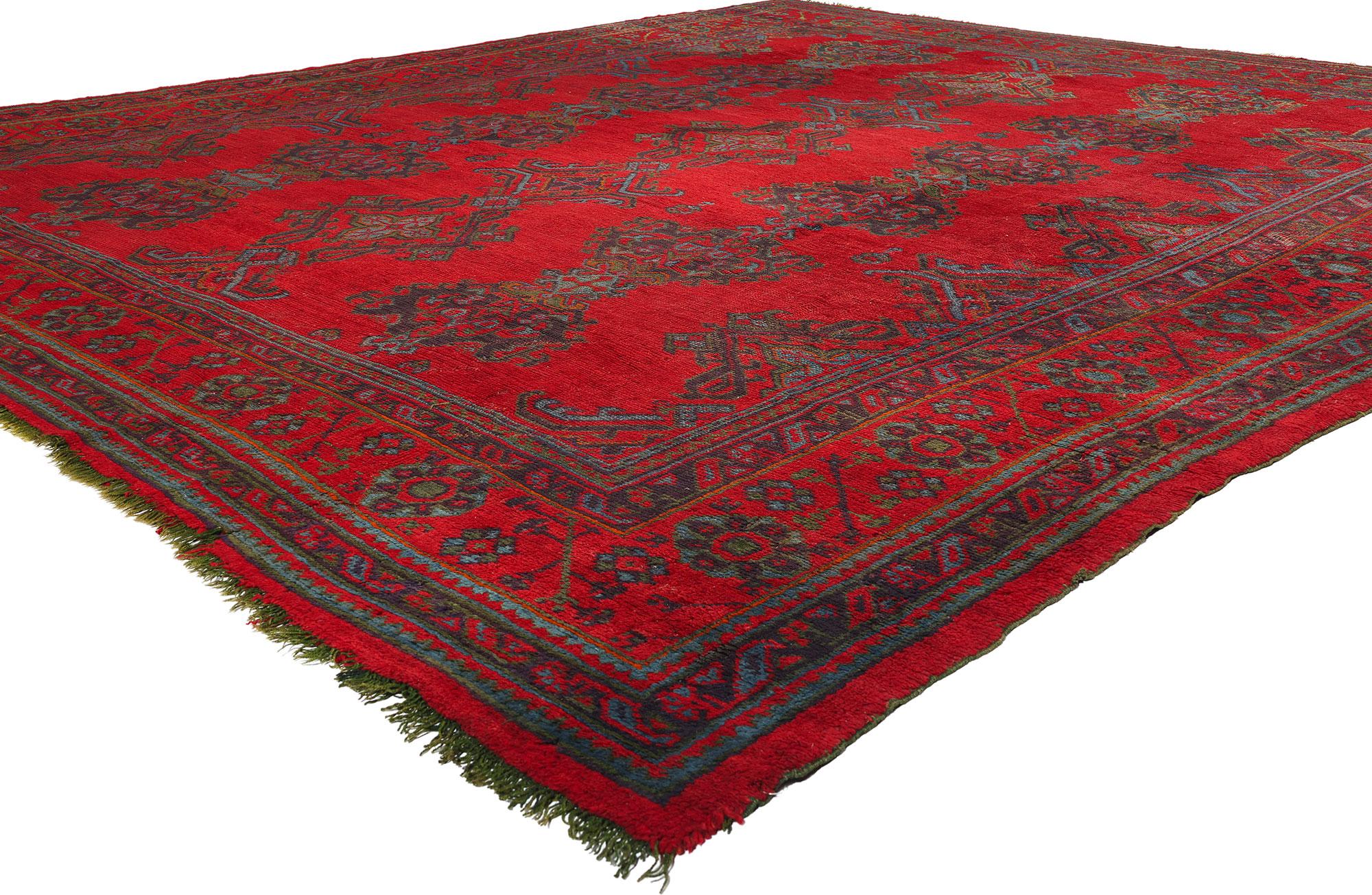 78743 Antique Red Turkish Oushak Rug, 11'08 x 13'06. Exhibiting a bold and expressive design rich in detail and texture, this antique red Oushak rug, hand-knotted from wool, mesmerizes with its woven splendor. The intricate allover pattern and