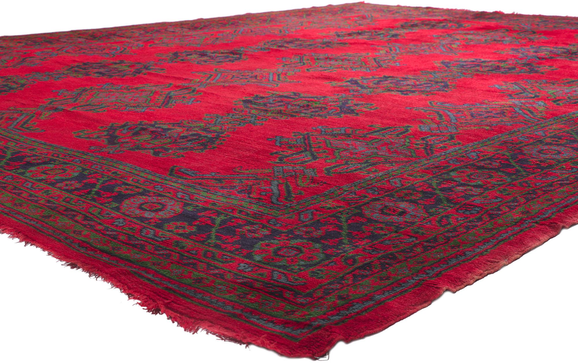 78232 antique red Turkish Oushak rug inspired by Thomas Eakins 12'00 x 14'02. Showcasing a bold expressive design, incredible detail and texture, this hand-knotted wool antique Turkish Oushak rug is a captivating vision of woven beauty. The antique