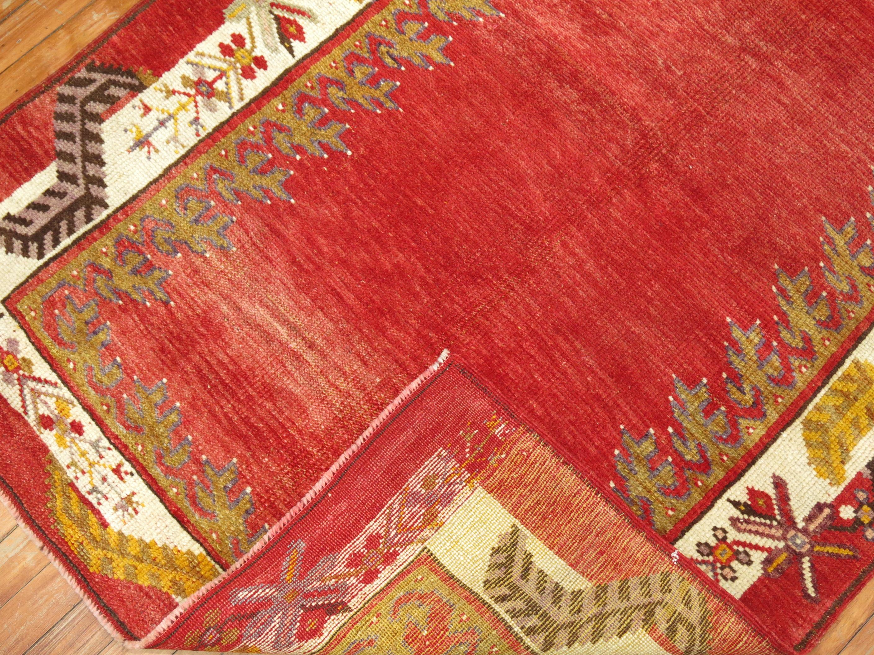 One of a kind vintage Turkish runner with an encased plain design on a red field.