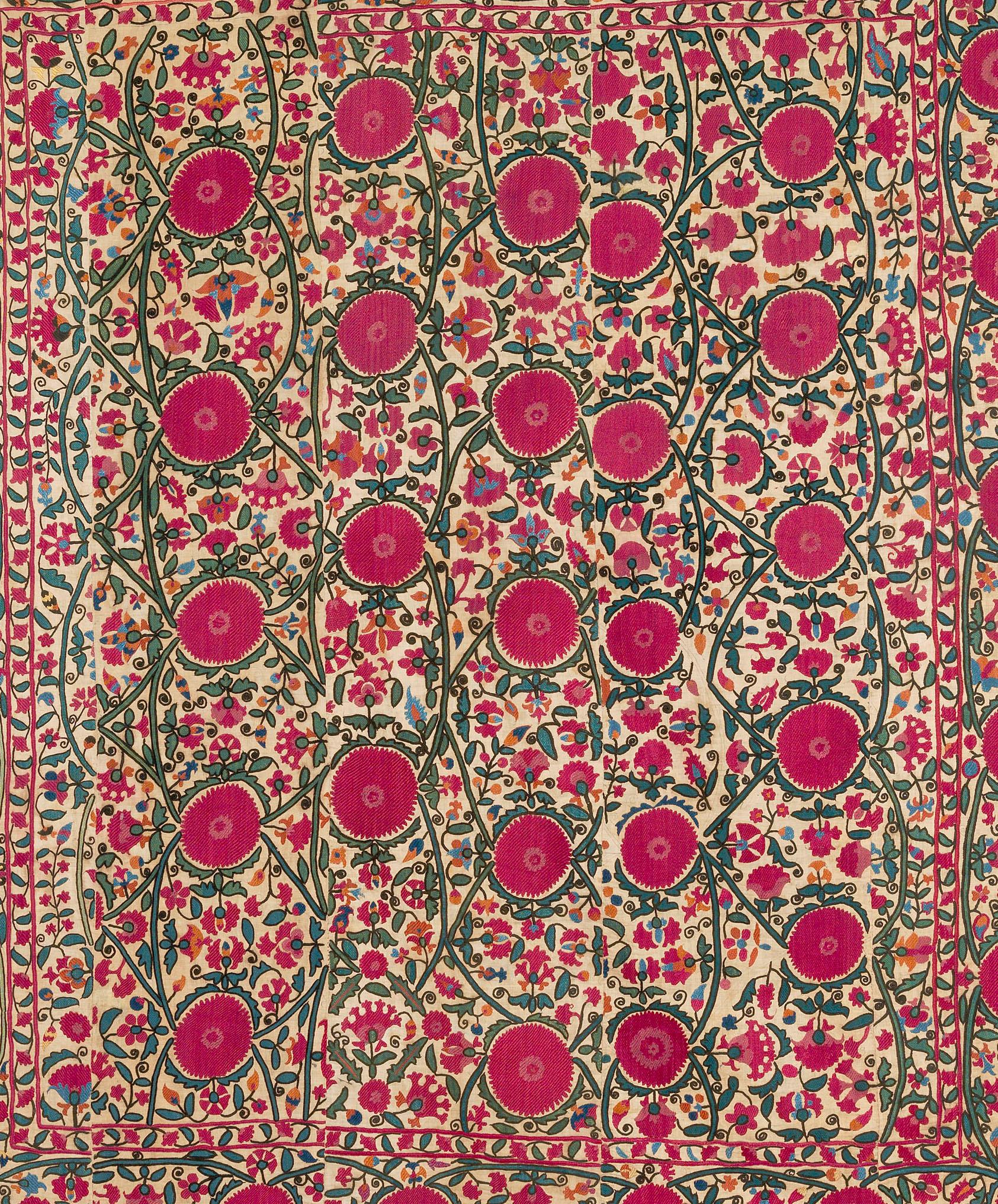 Antique Broderie Suzani Ouzbek Rouge 1ère moitié du 19ème siècle 6'4 x 7'4 en vente 1