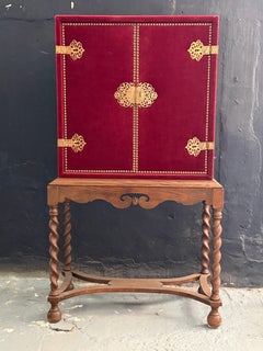 Antique Red Velvet and Brass Mounted Table Cabinet on Barley Twist Wooden Stand