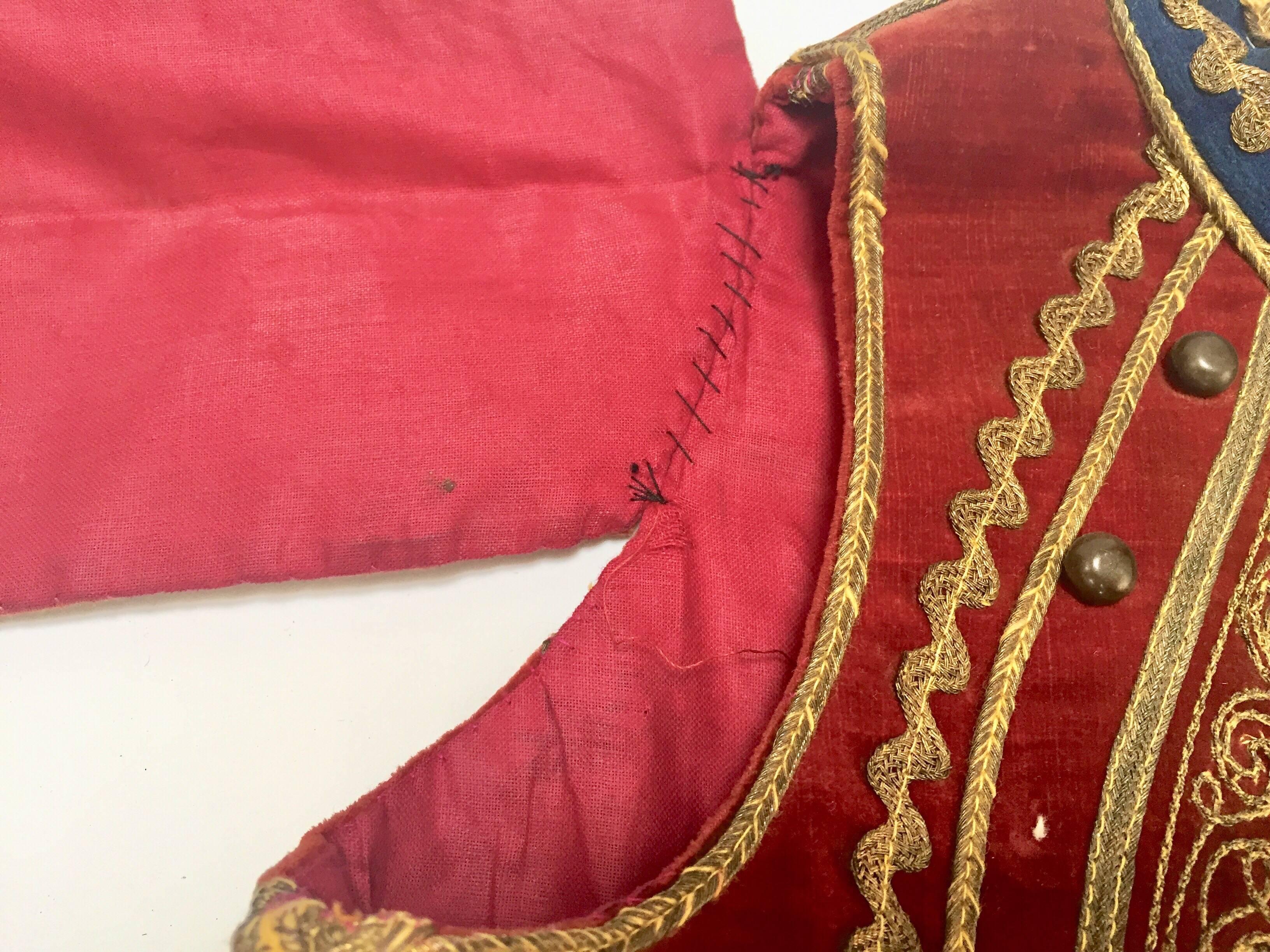 Antique Red Velvet Efe Zeybek Jacket Turkish Vest with Gold Embroidery For Sale 2