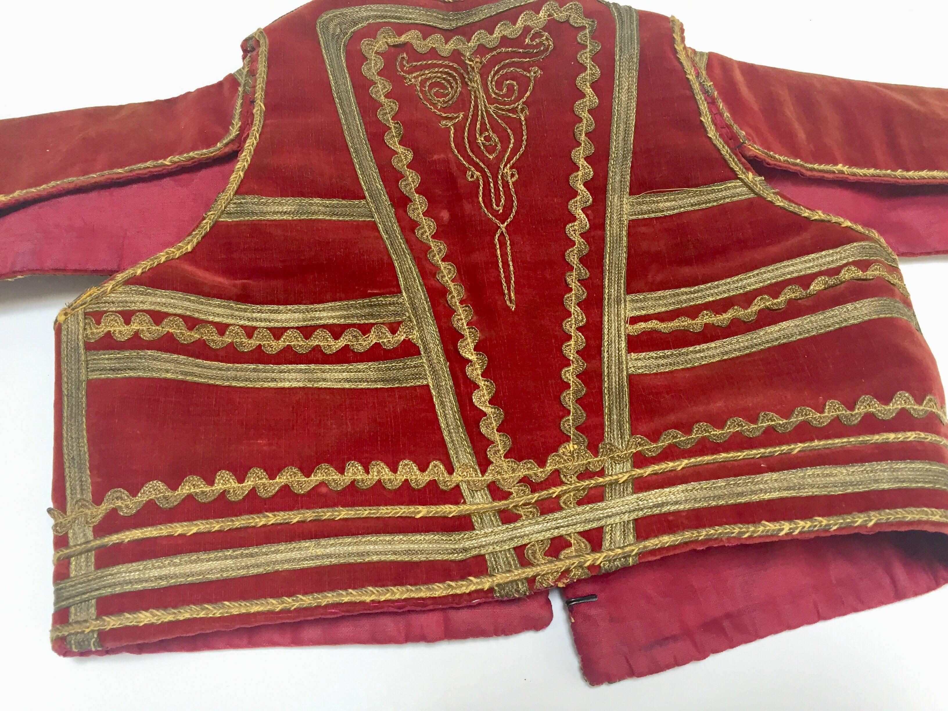 Antique Red Velvet Efe Zeybek Jacket Turkish Vest with Gold Embroidery For Sale 4