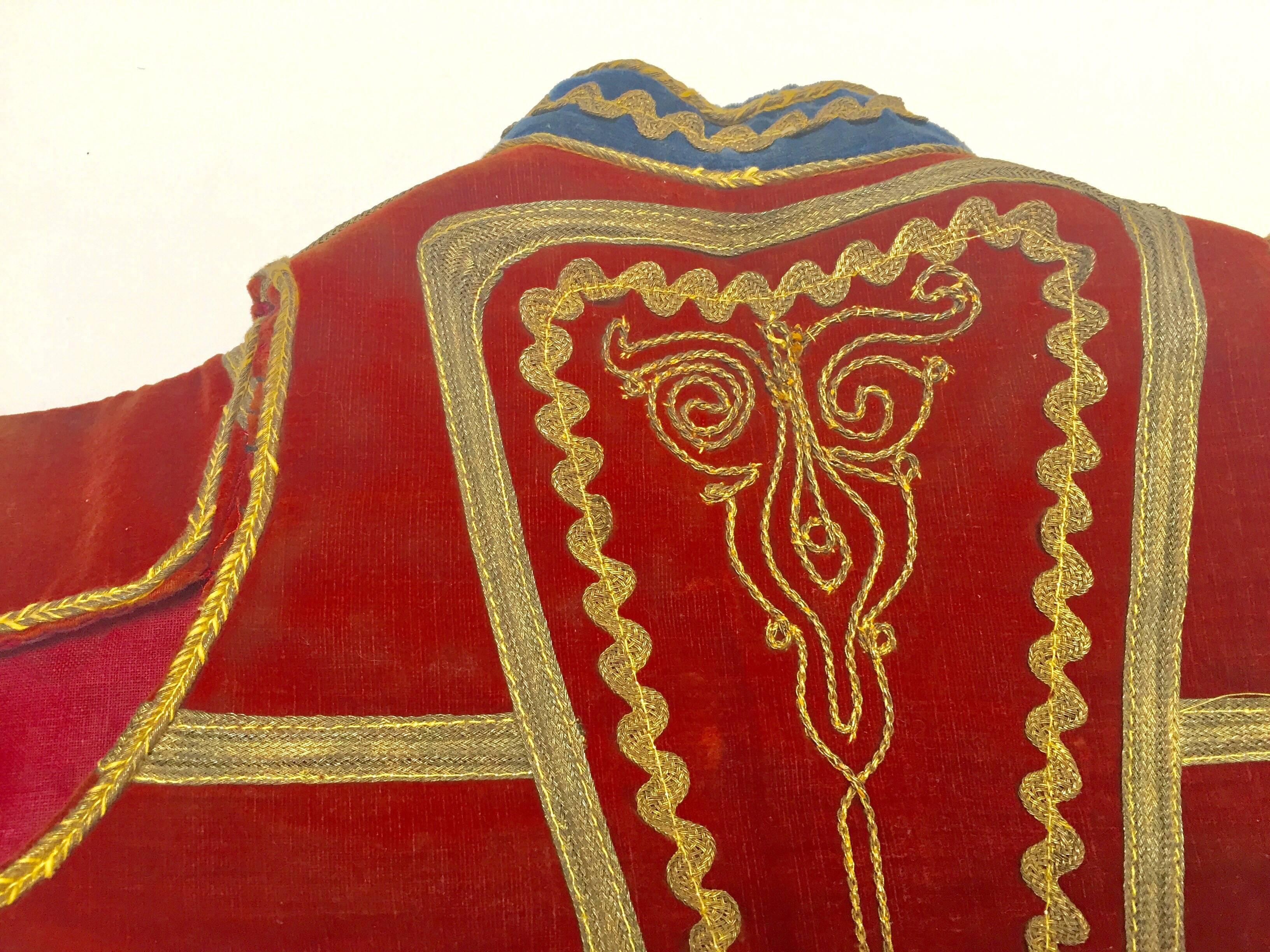 Antique Red Velvet Efe Zeybek Jacket Turkish Vest with Gold Embroidery For Sale 6