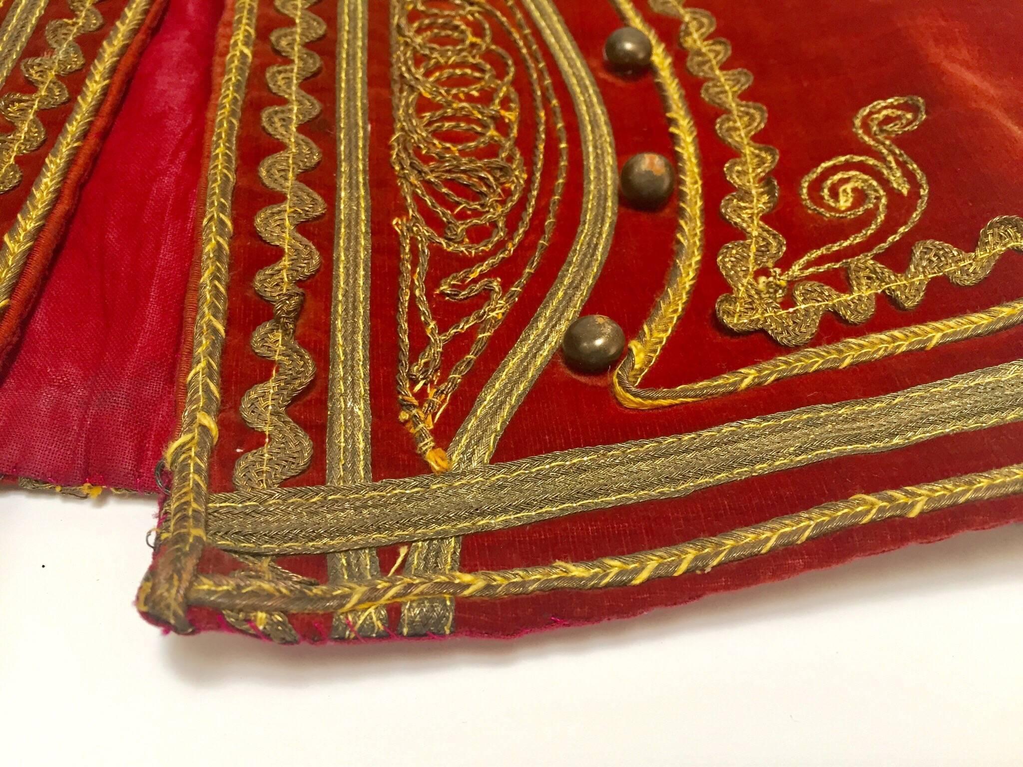 Brown Antique Red Velvet Efe Zeybek Jacket Turkish Vest with Gold Embroidery For Sale