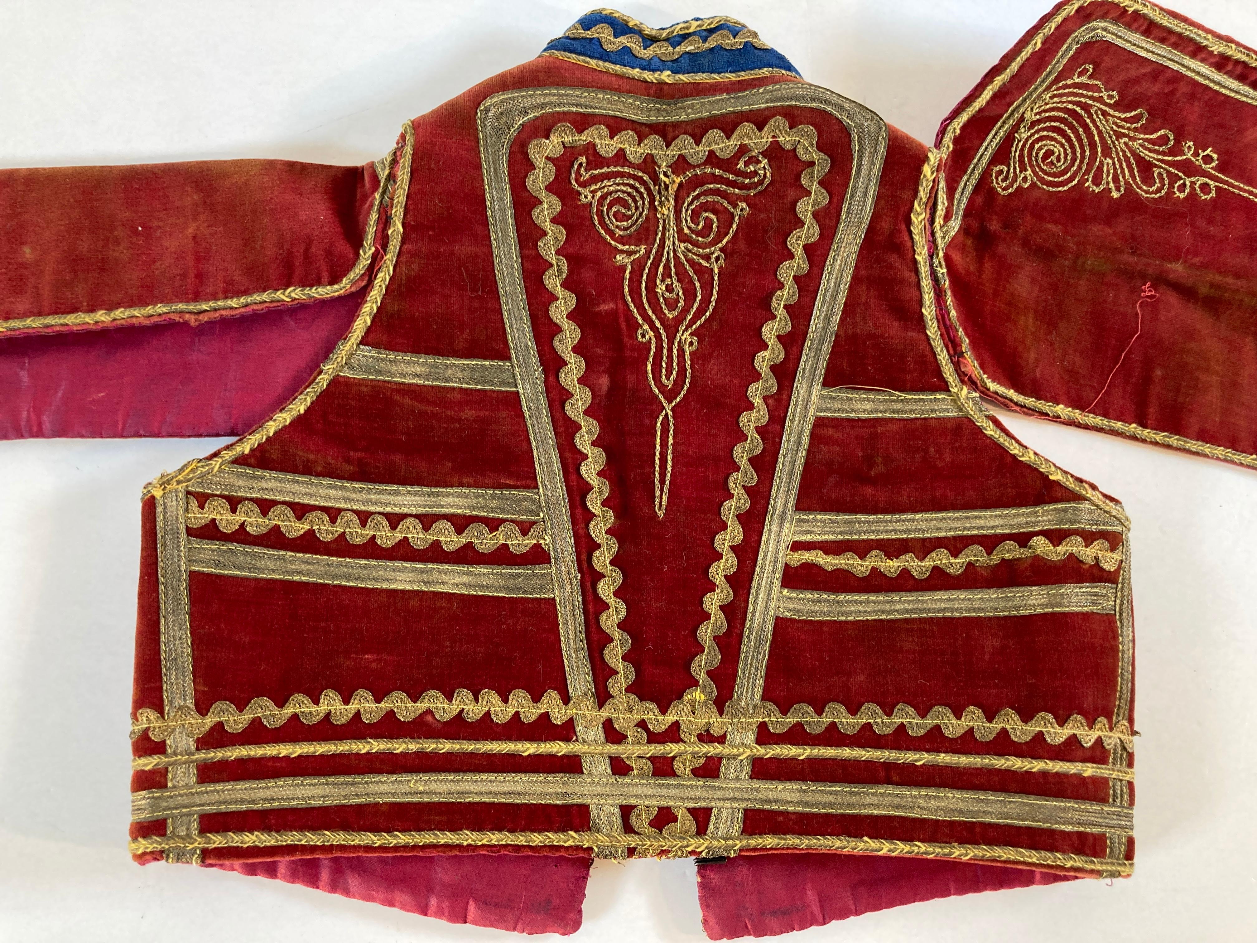 Antique Red Velvet Efe Zeybek Jacket Turkish Vest with Gold Embroidery For Sale 8