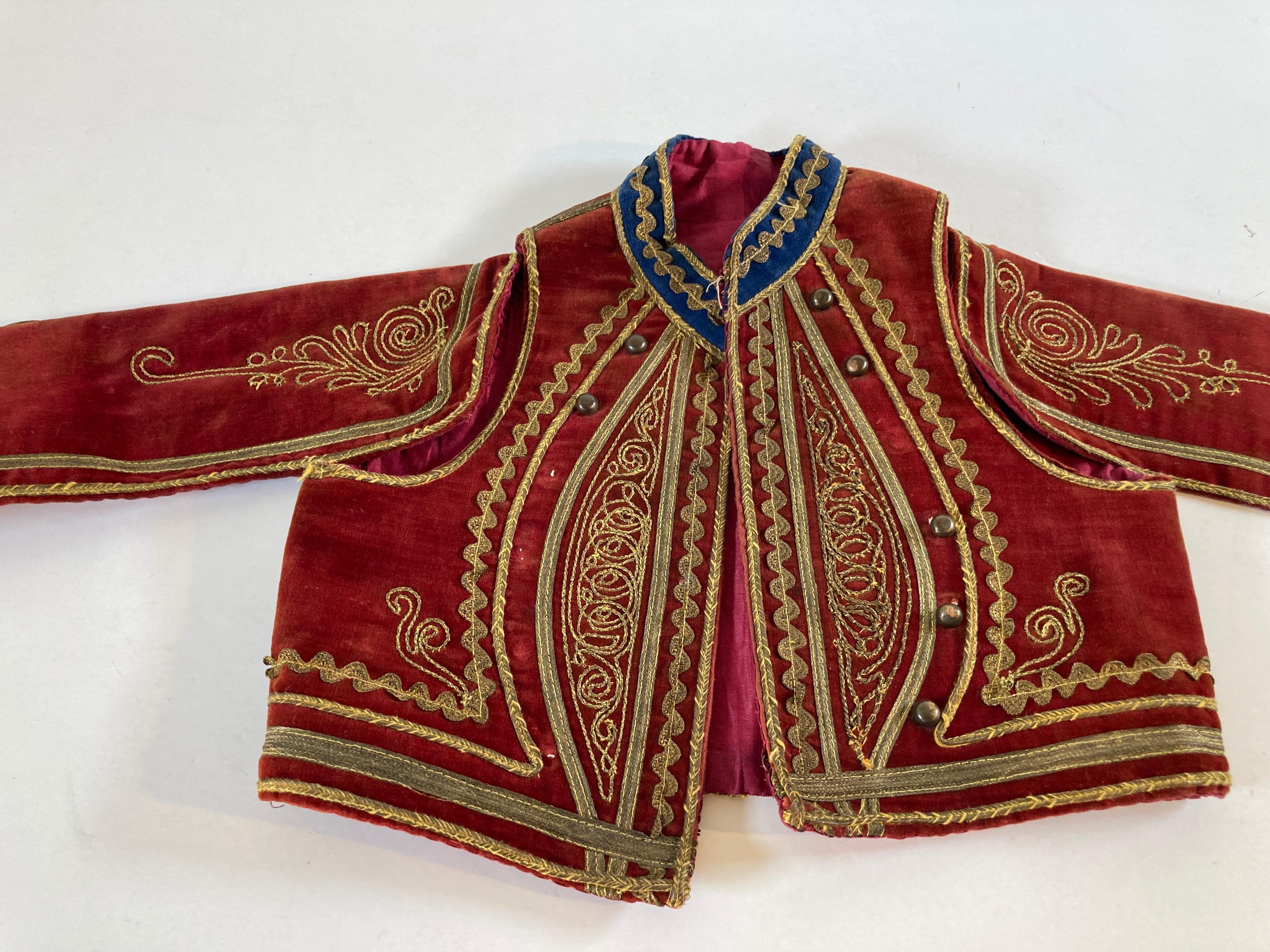Antique Red Velvet Efe Zeybek Jacket Turkish Vest with Gold Embroidery For Sale 9