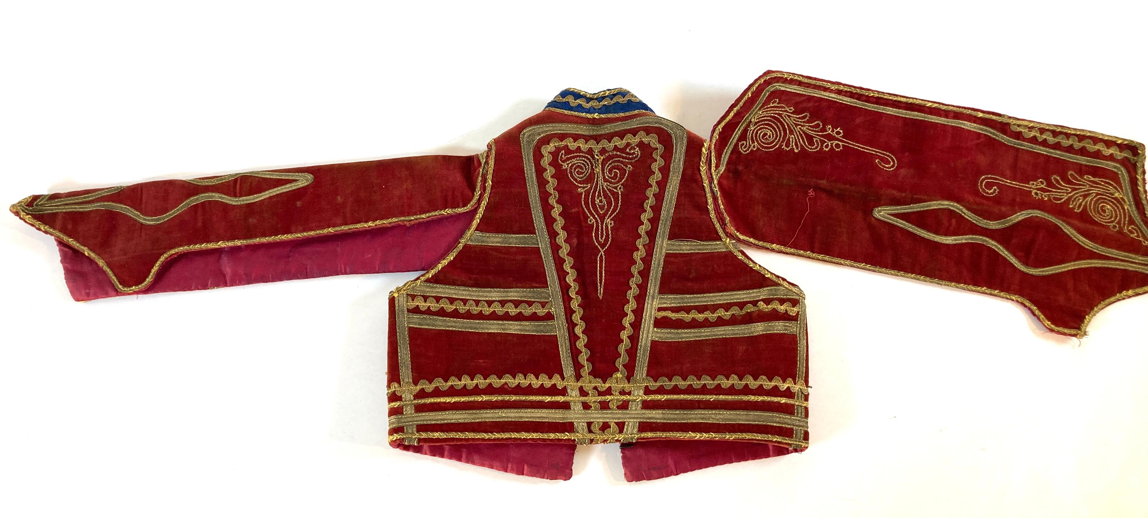 Antique Red Velvet Efe Zeybek Jacket Turkish Vest with Gold Embroidery For Sale 11
