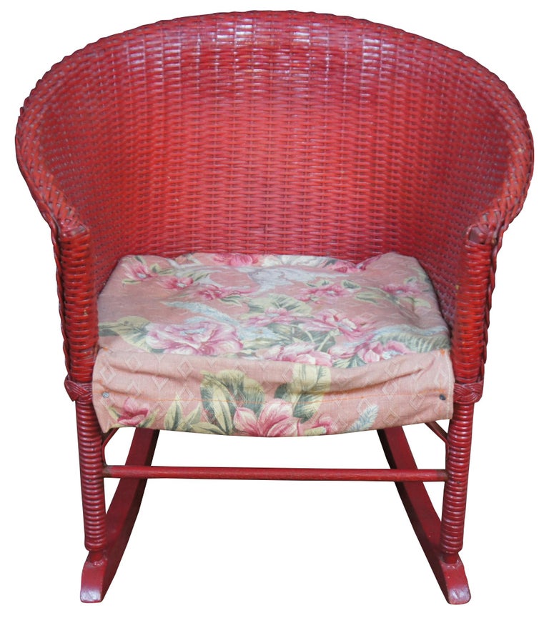 Antique Red Woven Wicker Barrel Back Child’s Rocker Rocking Chair Doll ...