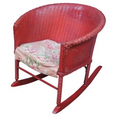 Antique Red Woven Wicker Barrel Back Child’s Rocker Rocking Chair Doll 19"