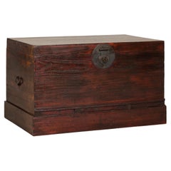 Antique Reddish Brown Lacquered Elm Trunk with Brass Lock and Raised Base