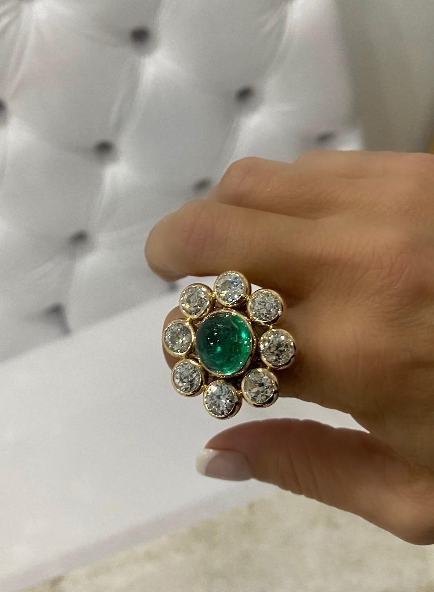 Victorian Mindi Mond 12 Carat Colombian Emerald Diamond Yellow Gold Cocktail Ring For Sale