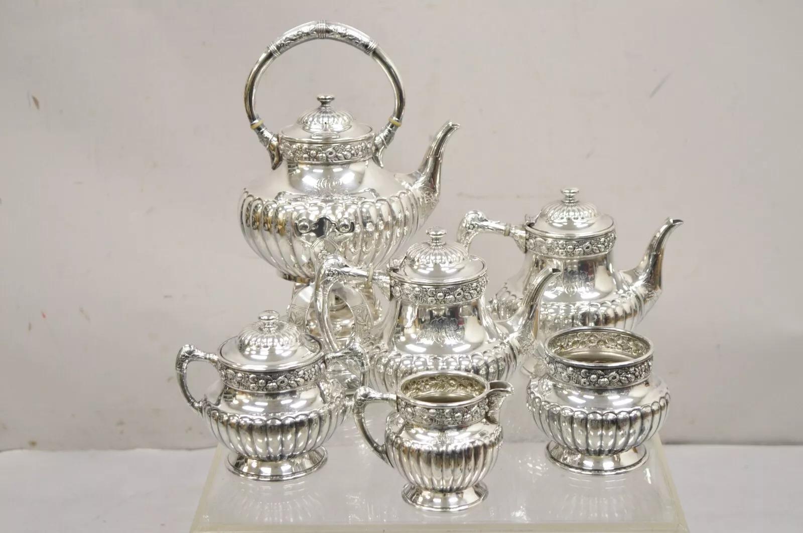 Antique Reed & Barton 3221 Victorian Silver Plated Floral Repousse 6 Pc Tea Set For Sale 7