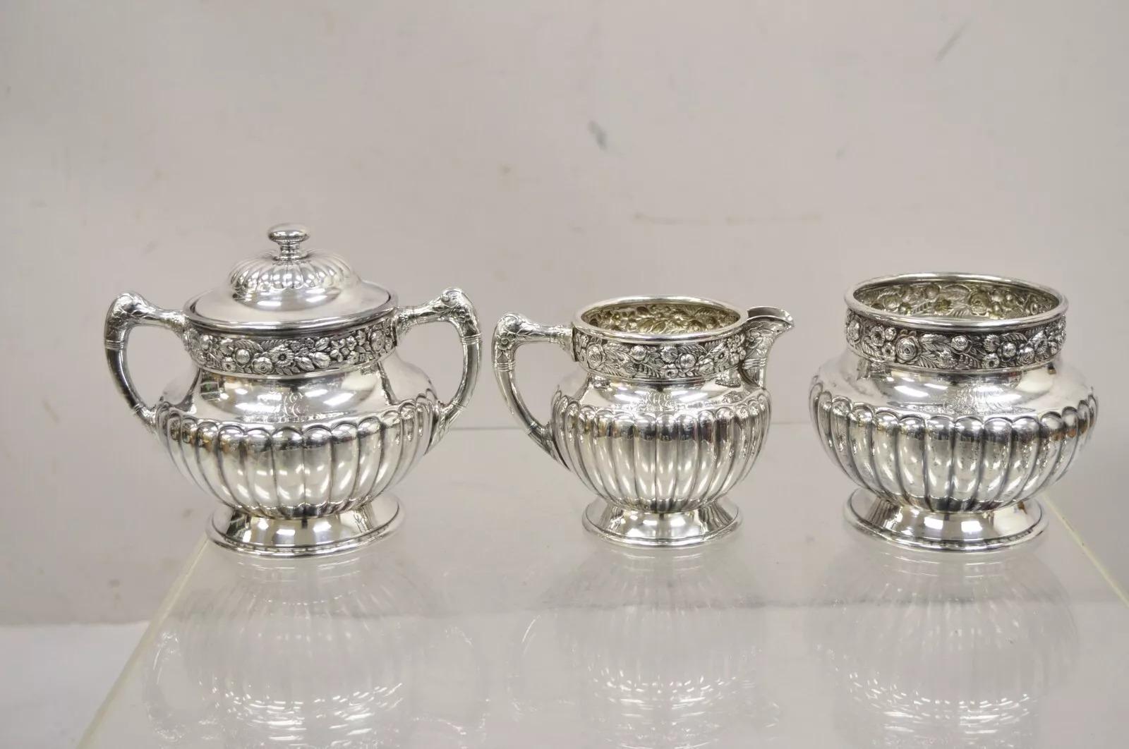 20th Century Antique Reed & Barton 3221 Victorian Silver Plated Floral Repousse 6 Pc Tea Set For Sale