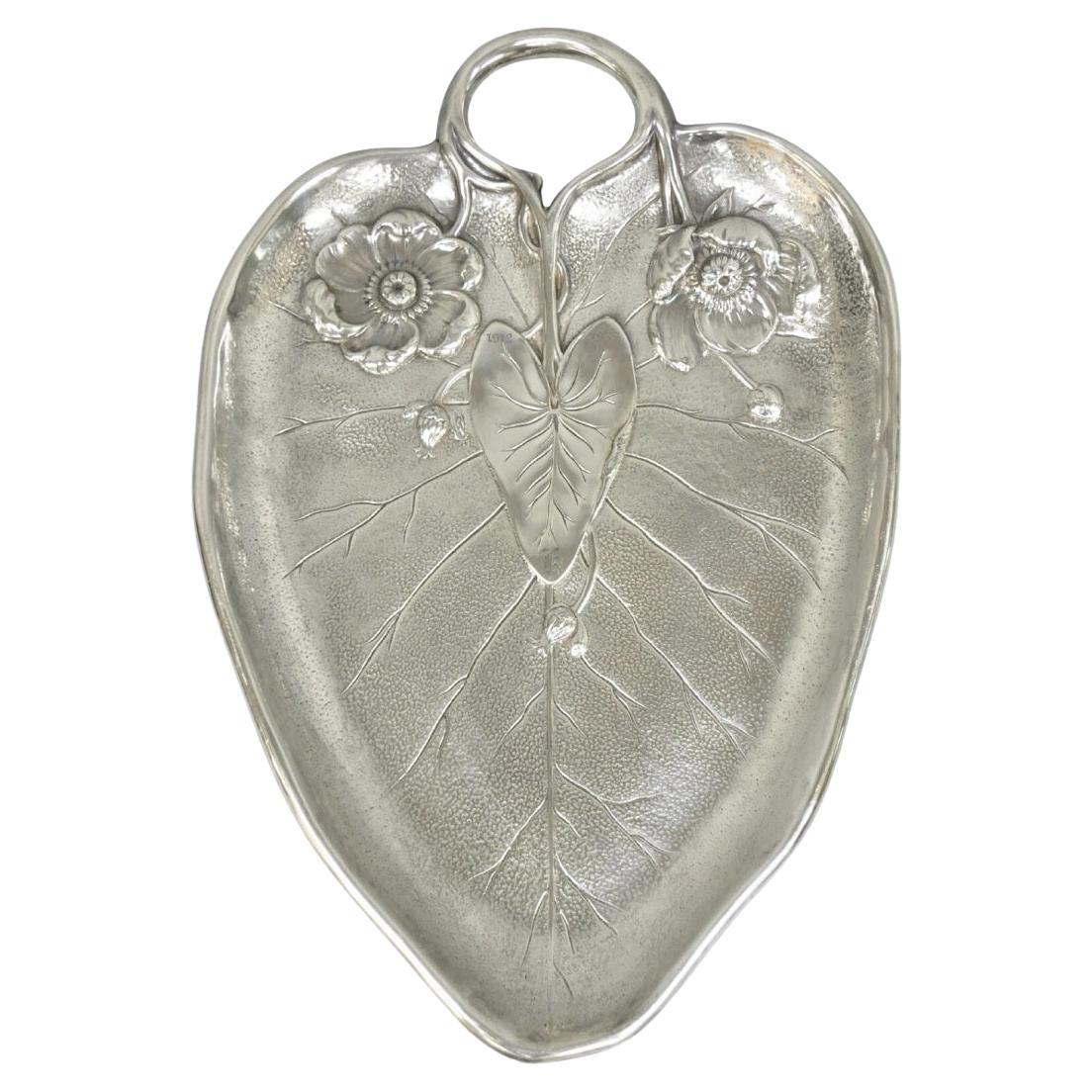 Antique Reed & Barton Art Nouveau Deco Lily Pad Leaf 20" Trinket Dish Bar Tray For Sale