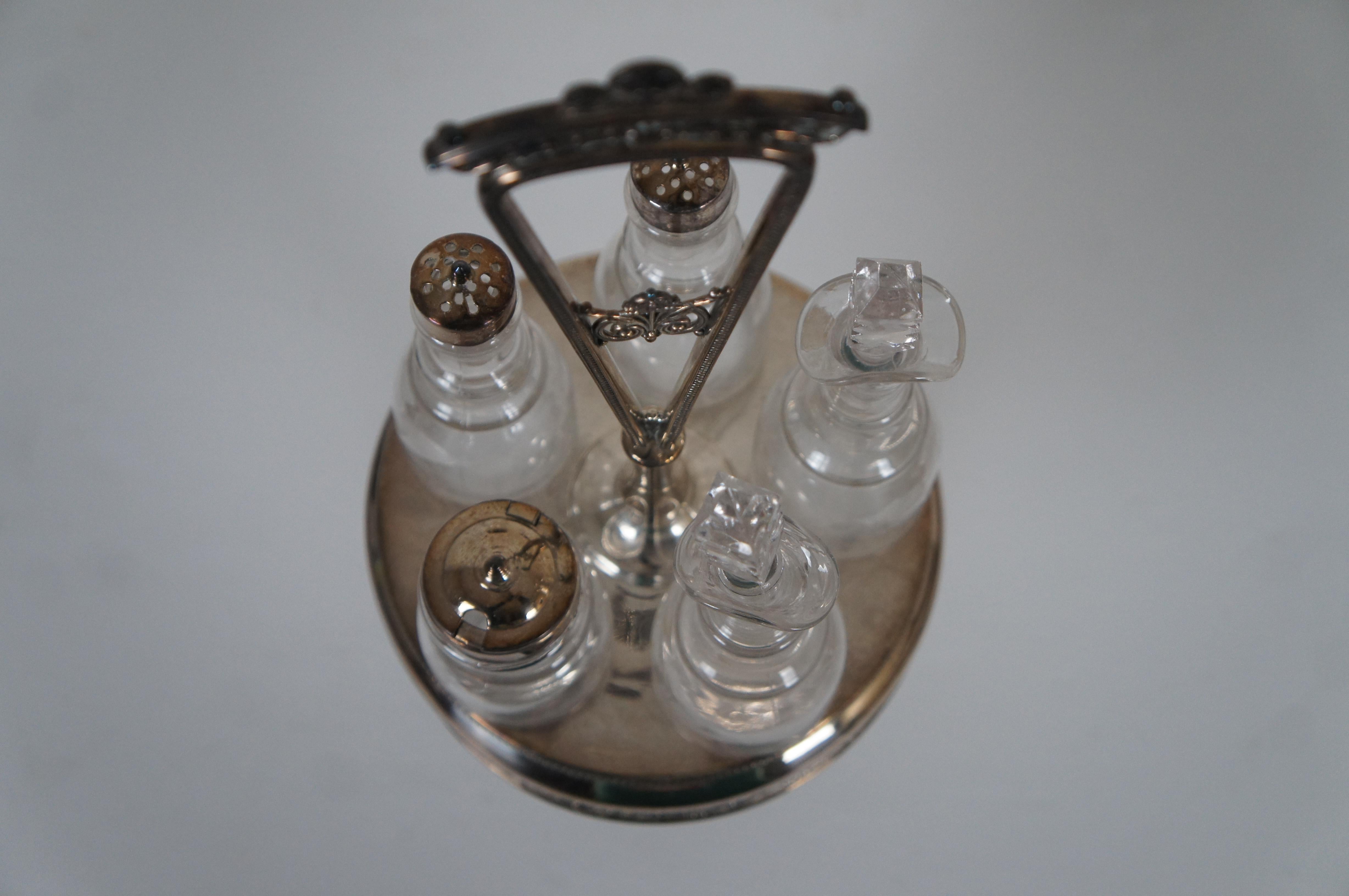 19th Century Antique Reed & Barton Silver Plate Etched Glass Cruet Condiment Caddy Set For Sale