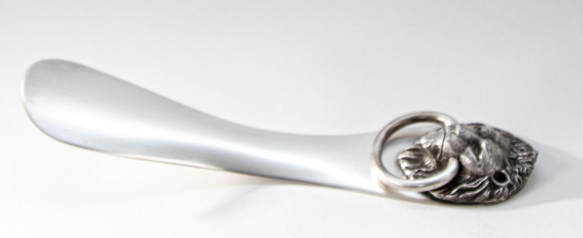 Antique Reed & Barton Silver Plated Shoe Horn with Lion Head Mask 8