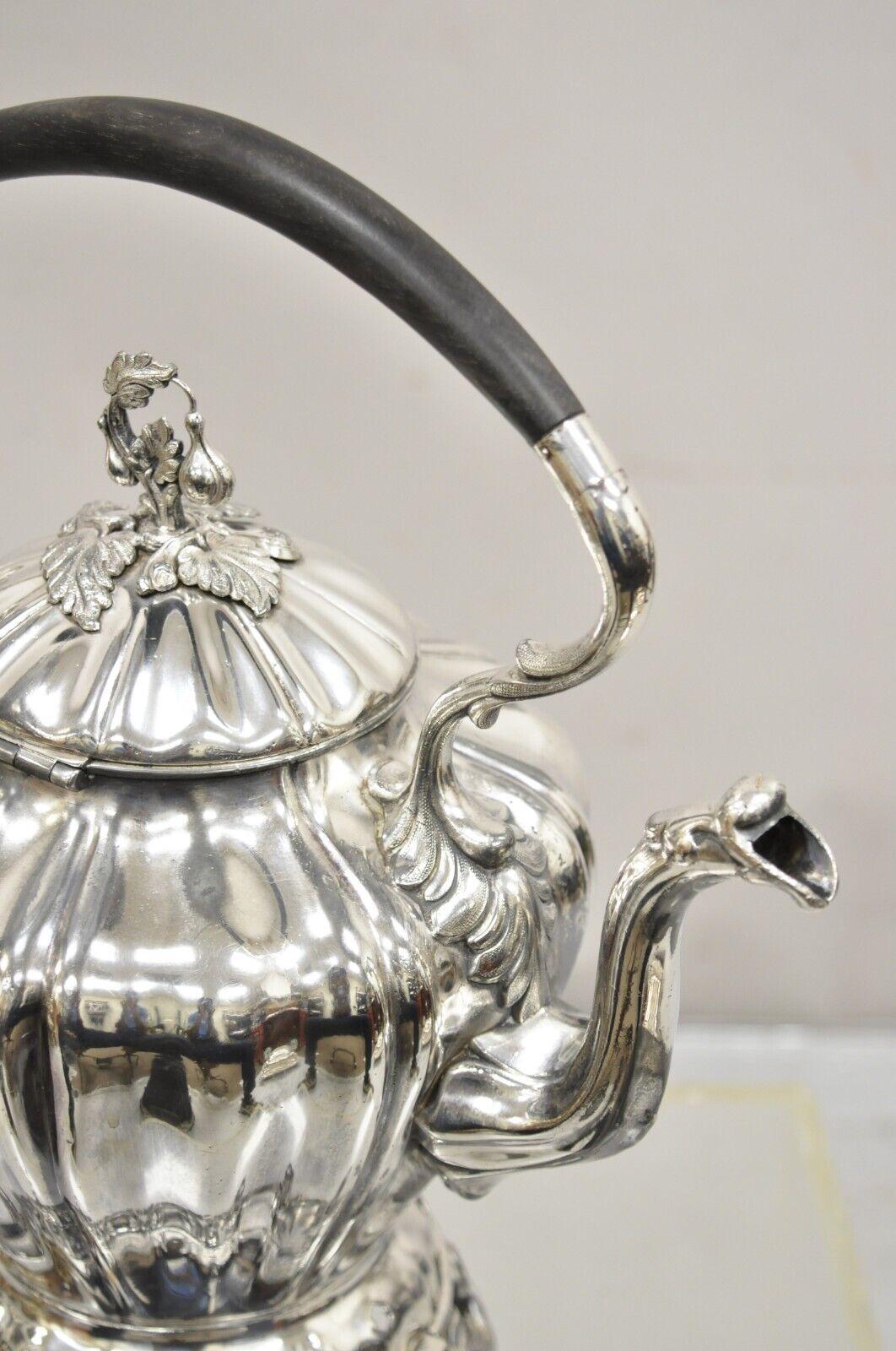 Antique Reed & Barton Silver Plated Victorian Tilting Tea Coffee Pot on Stand In Good Condition For Sale In Philadelphia, PA