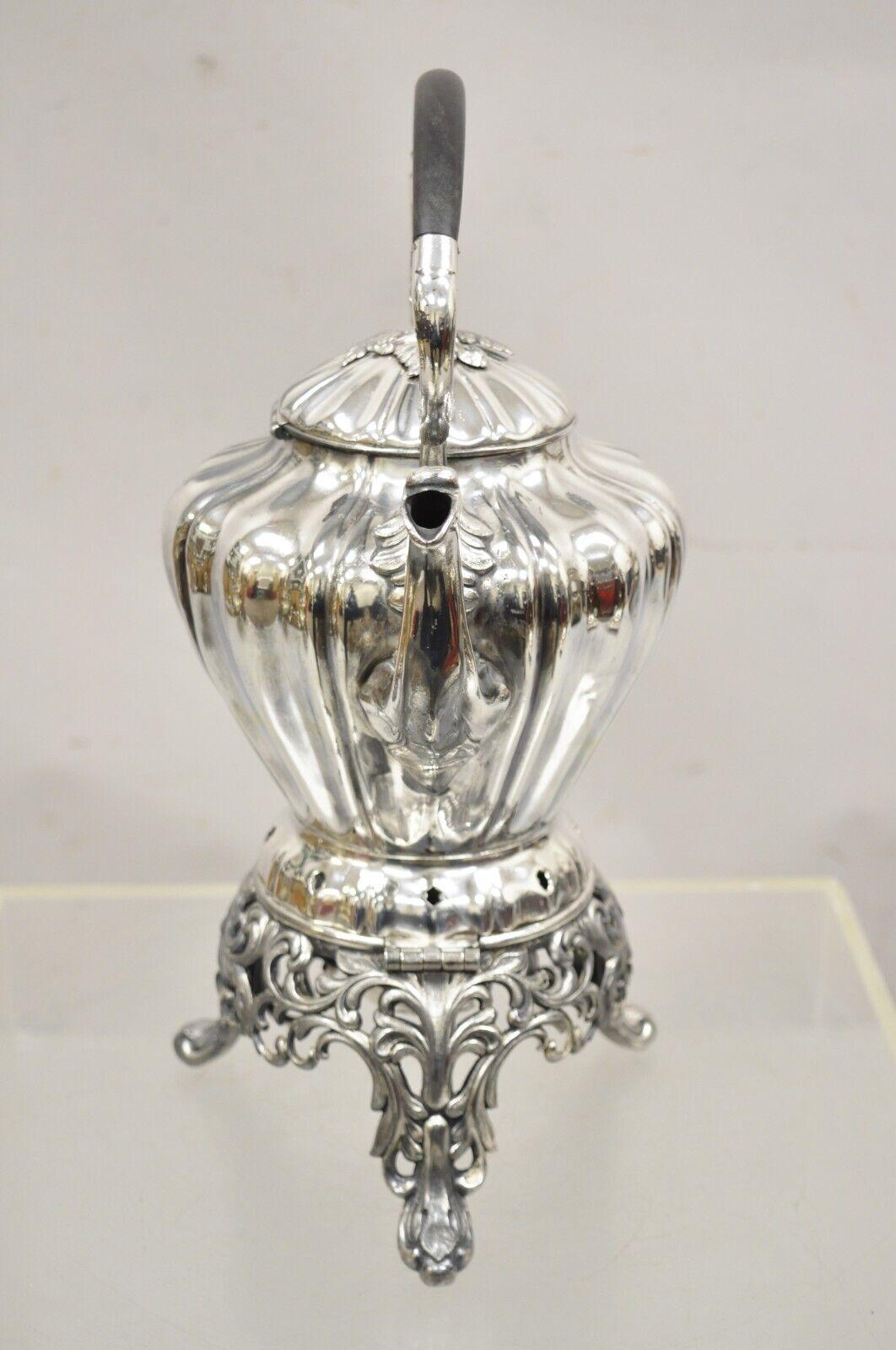 Antique Reed & Barton Silver Plated Victorian Tilting Tea Coffee Pot on Stand For Sale 4