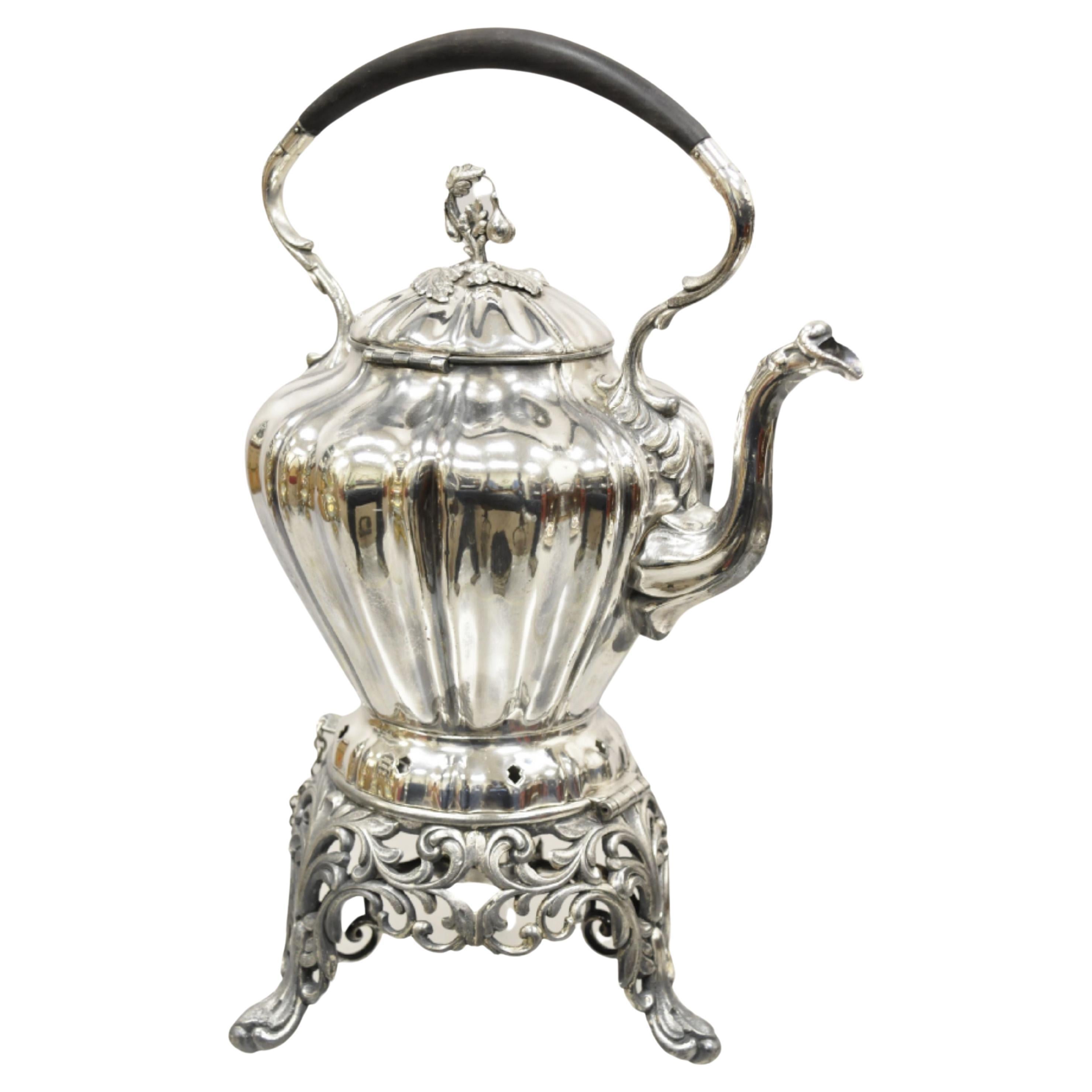 Antique Reed & Barton Silver Plated Victorian Tilting Tea Coffee Pot on Stand For Sale