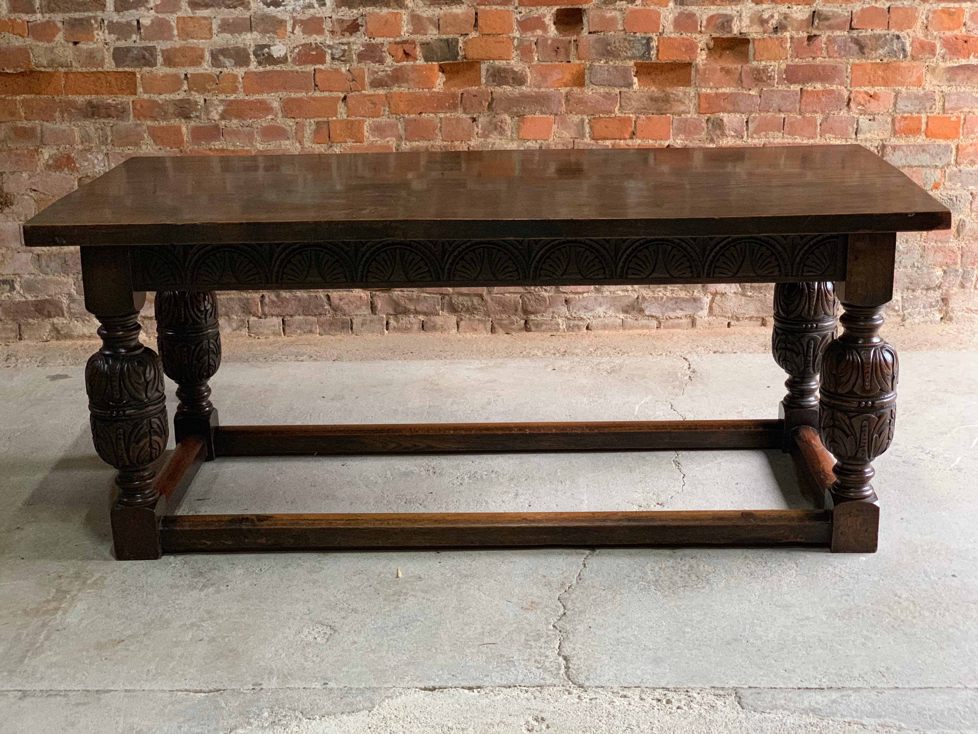 English Antique Refectory Dining Table & Six Dining Chairs 17th Century Style Solid Oak