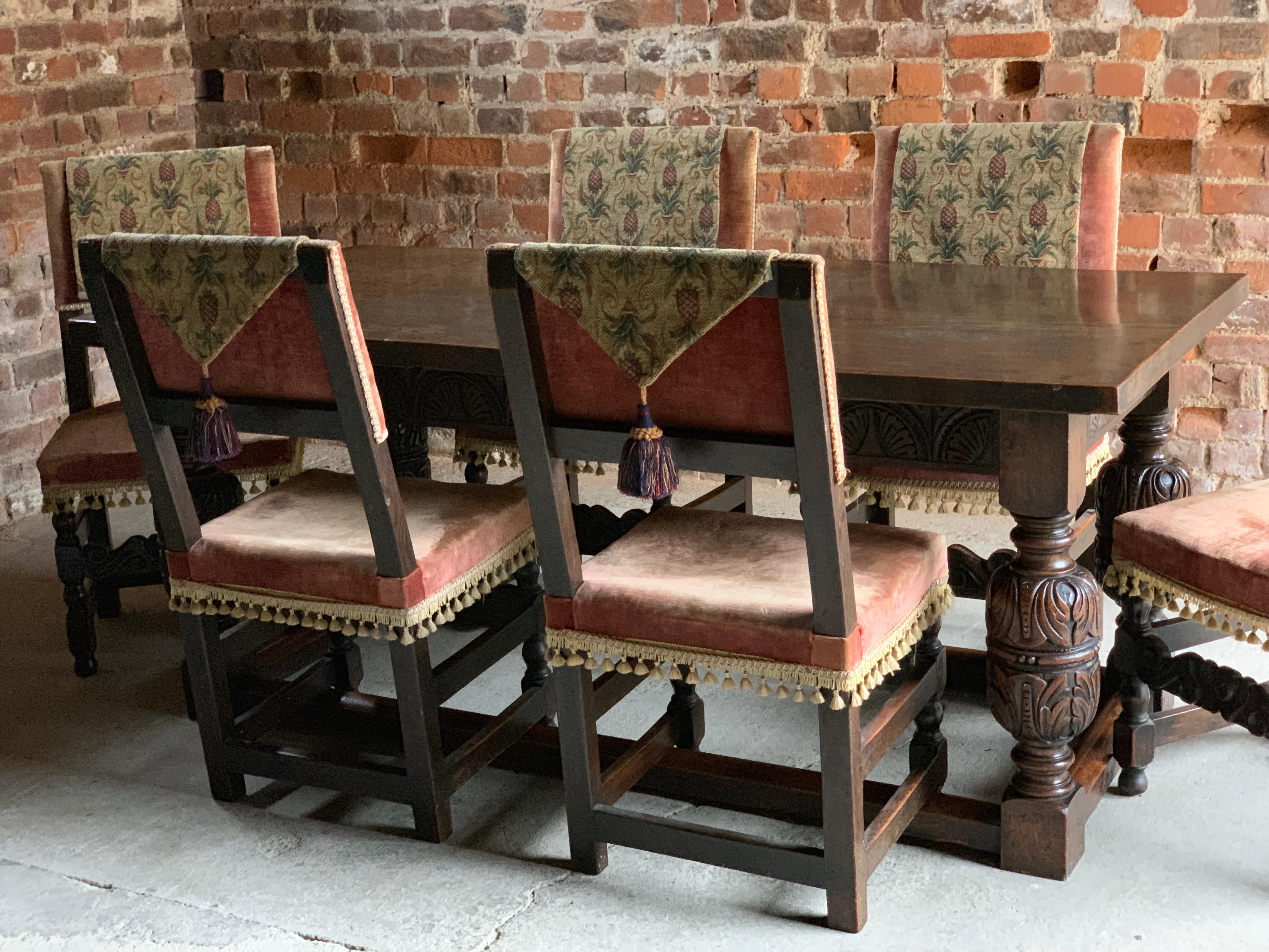 20th Century Antique Refectory Dining Table & Six Dining Chairs 17th Century Style Solid Oak