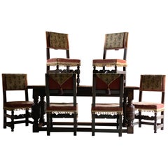 Antique Refectory Dining Table & Six Dining Chairs 17th Century Style Solid Oak