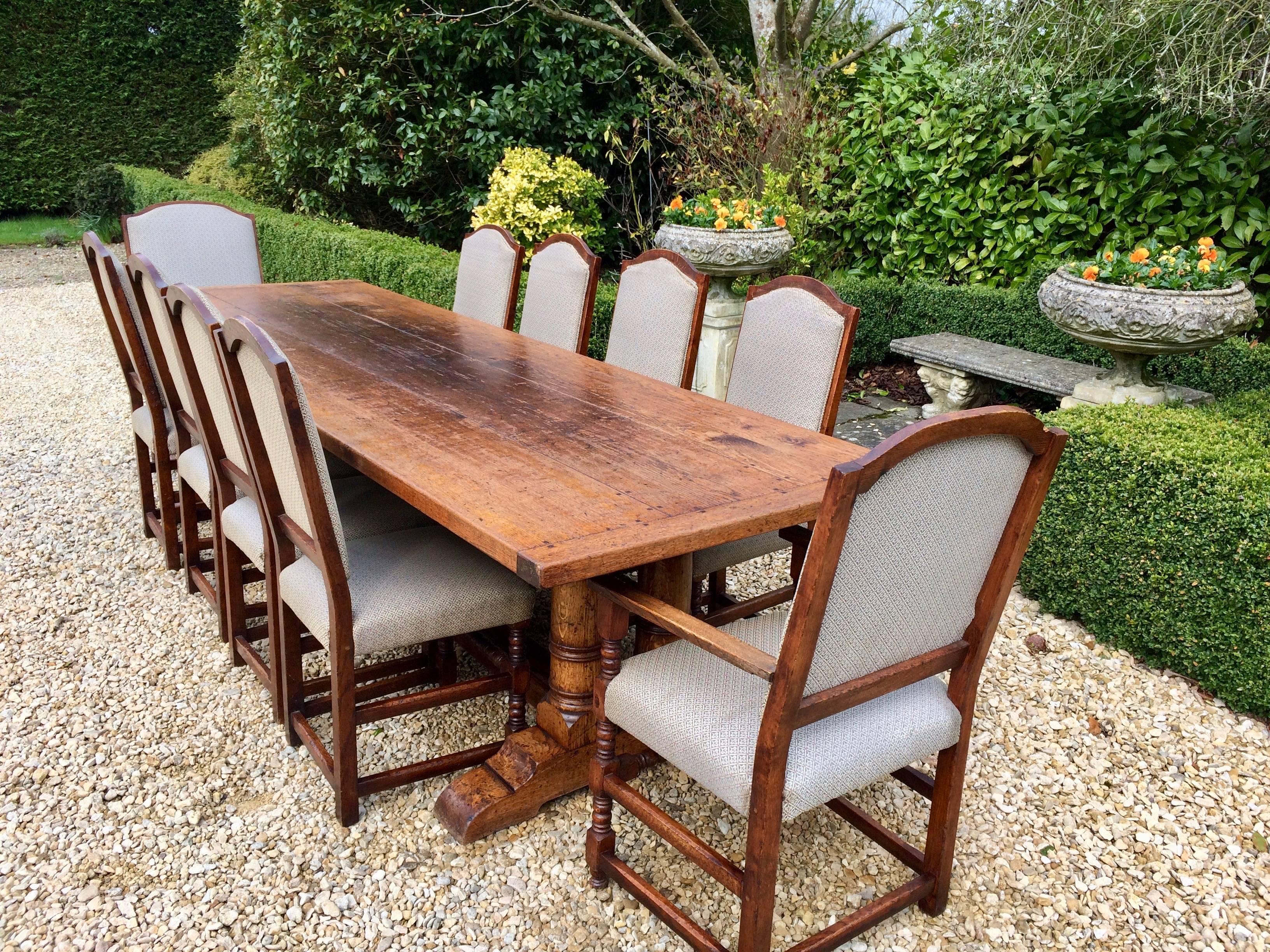 Late Victorian Antique Refectory Table Dining and Ten Chairs Oak Huge, 17th Century Style