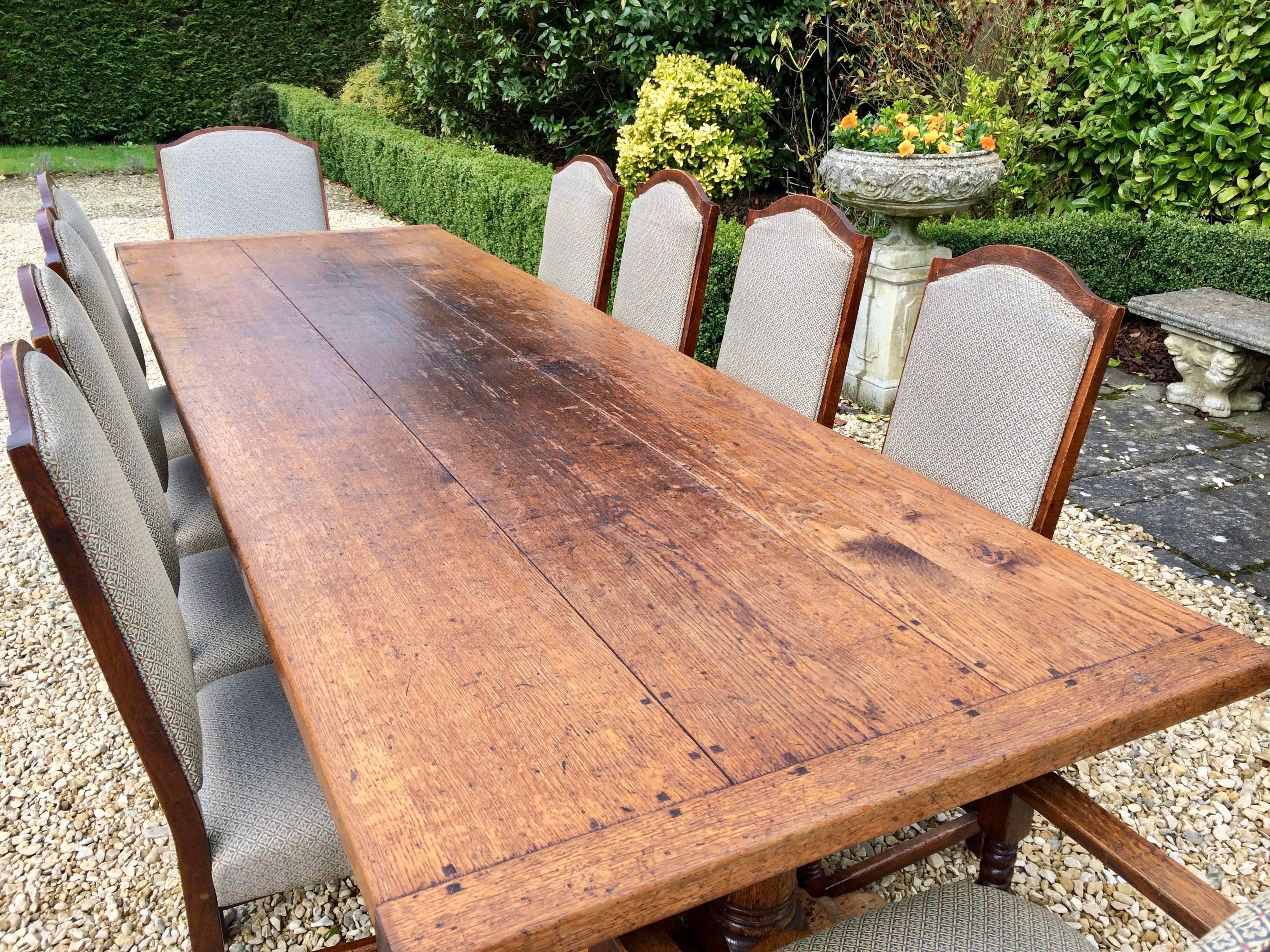 British Antique Refectory Table Dining and Ten Chairs Oak Huge, 17th Century Style