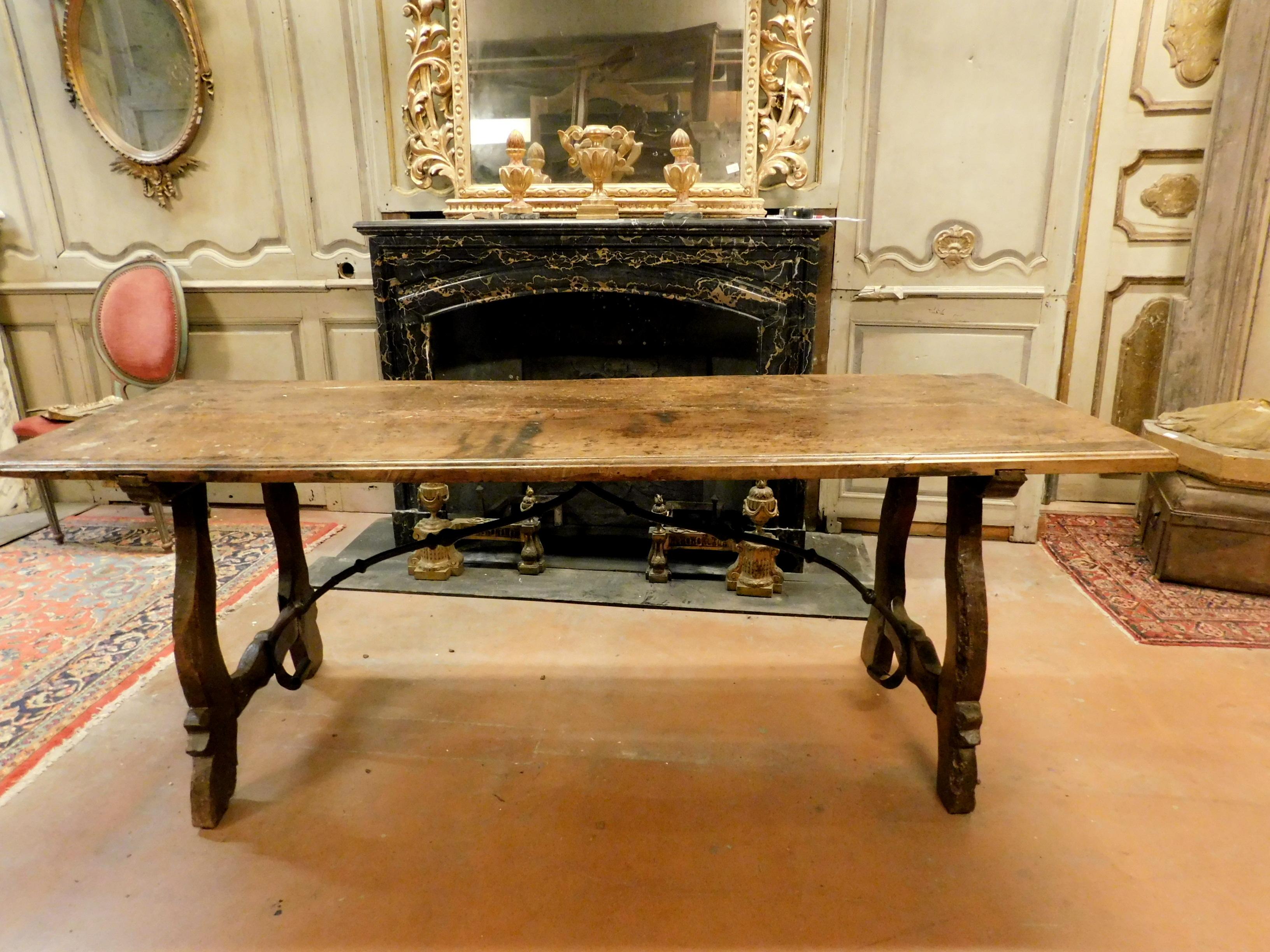Hand-Carved Antique Refectory Table in Walnut, Original Irons, 18th Century Spain