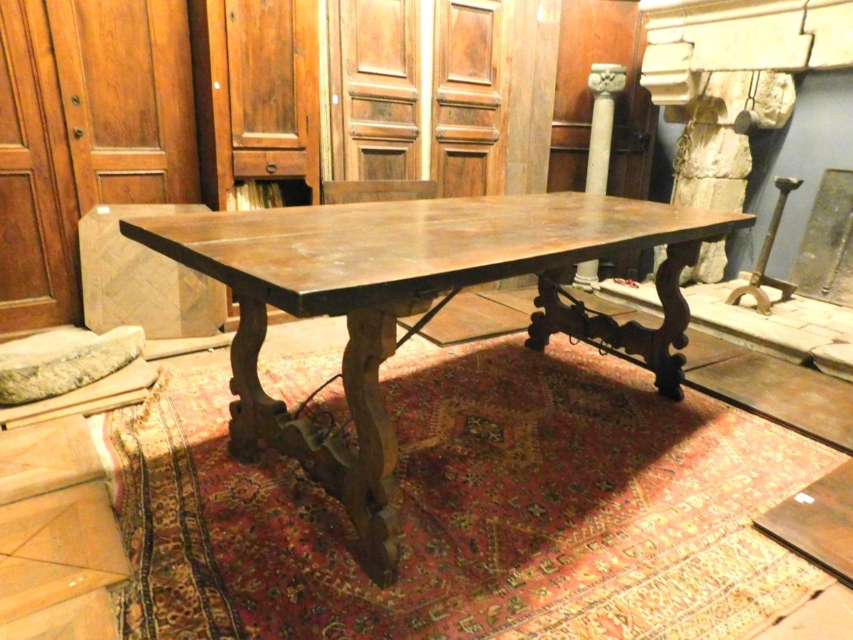 Antique Refectory Table in Wood Walnut, Large, Wavy Legs, 18th Century, Spain 8