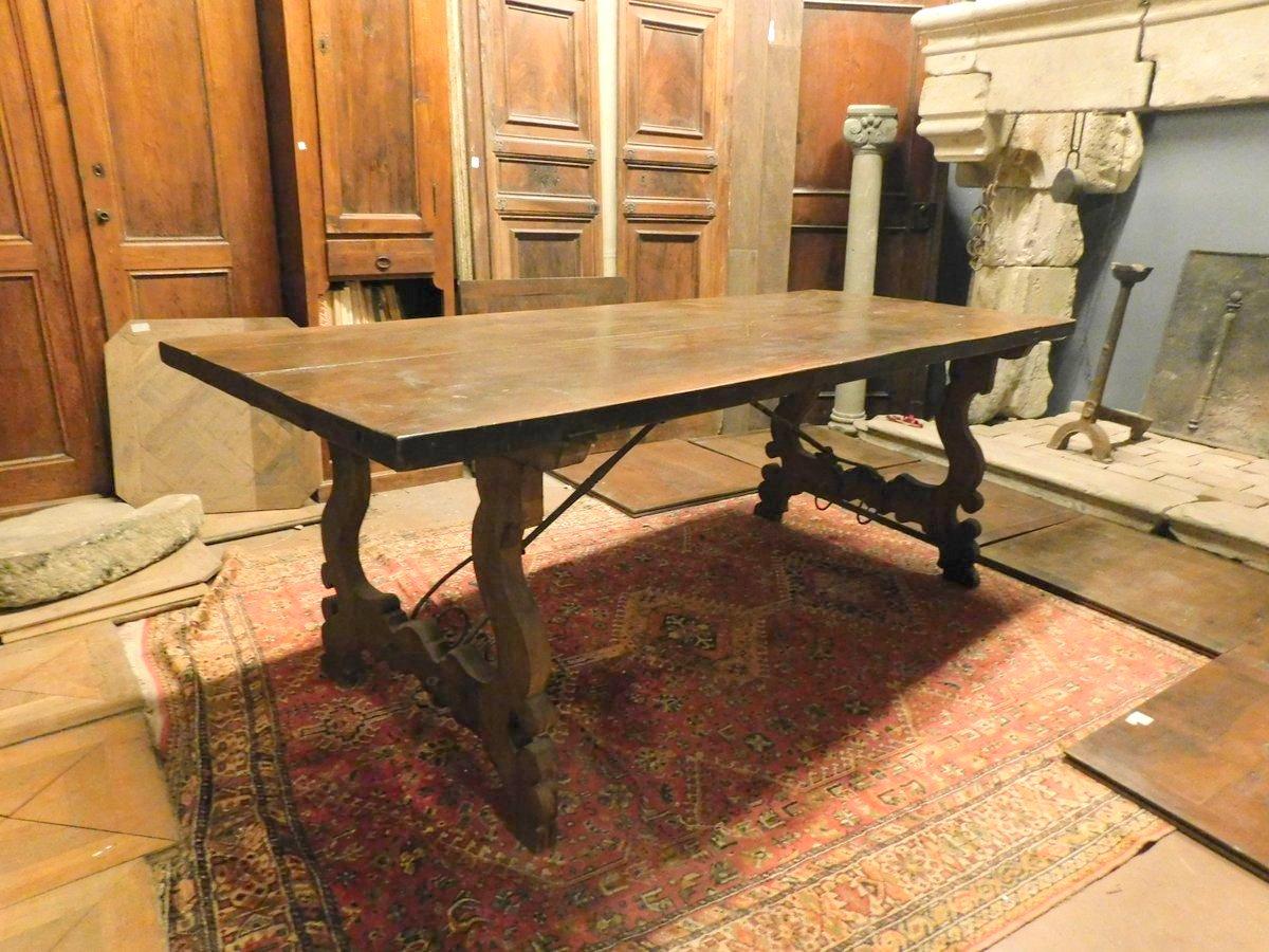 Spanish Antique Refectory Table in Wood Walnut, Large, Wavy Legs, 18th Century, Spain